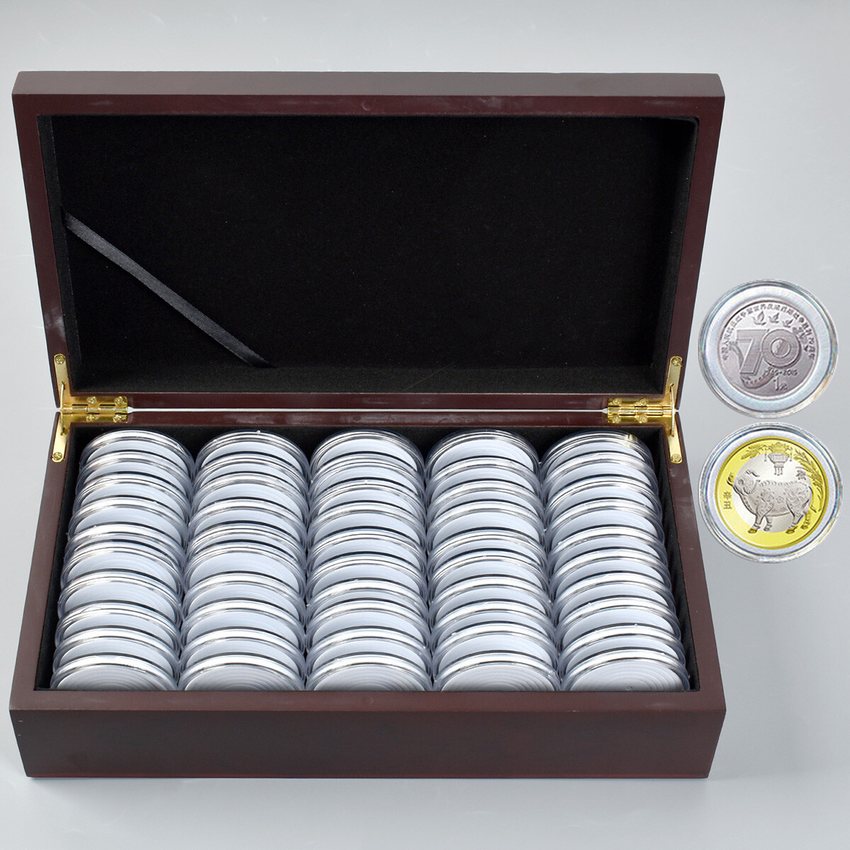 50 Pcs 46Mm Coin Capsule Case Gasket Holder Wooden Portable Storage Box Case