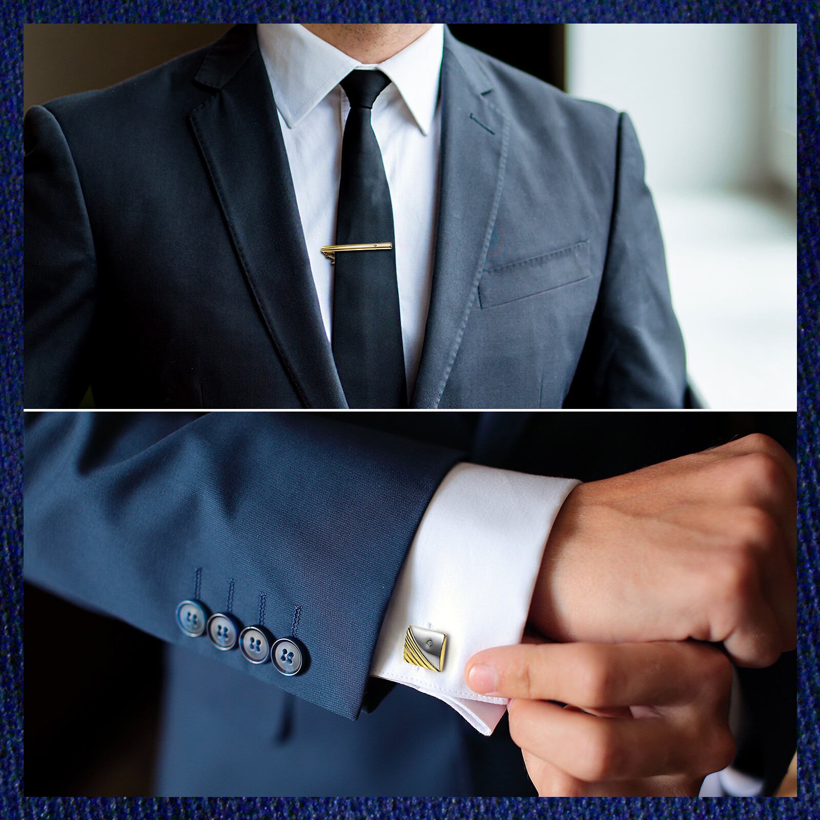 Polished Gold Tone Metal CZ Cufflinks Tie Bar Clasp Clip Set Men's Modish Gift