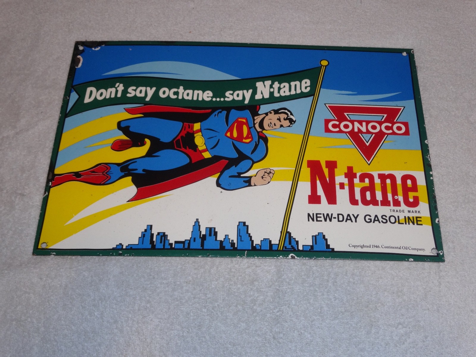 VINTAGE 1946 CONOCO N-TANE SUPERMAN GASOLINE 16" PORCELAIN METAL COMIC BOOK SIGN