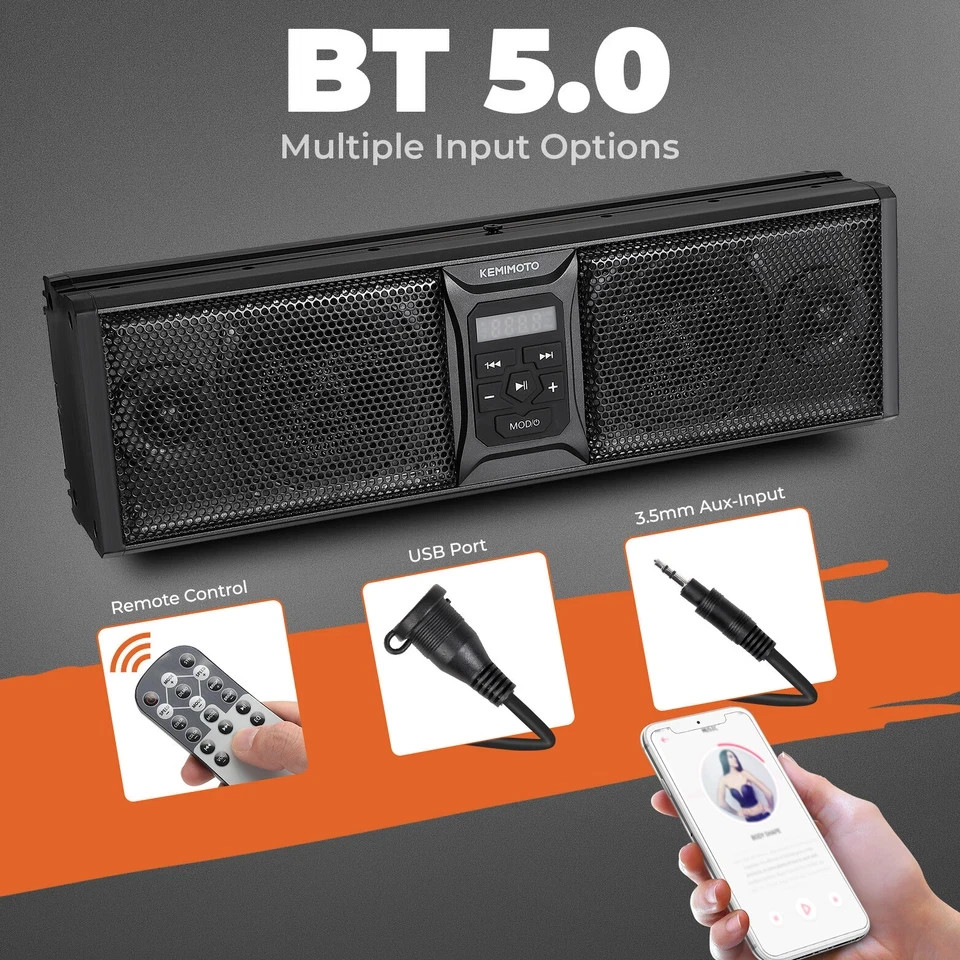 KEMIMOTO 16IN Universal RGB ATV UTV Sound Bar Speaker Marine Soundbar