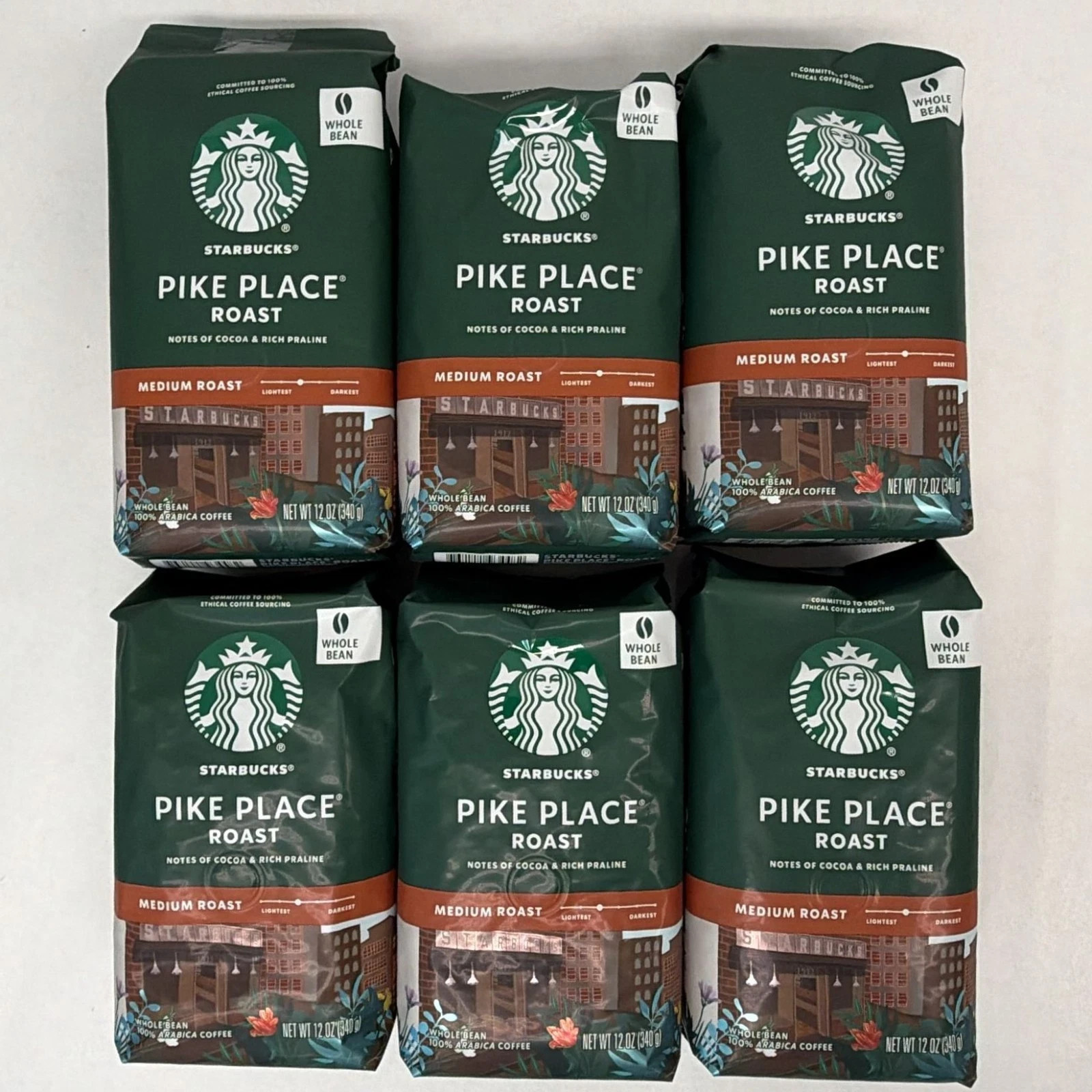 6 bag LOT Starbucks Whole Bean Coffee Pike Place Medium Roast New sealed 12oz