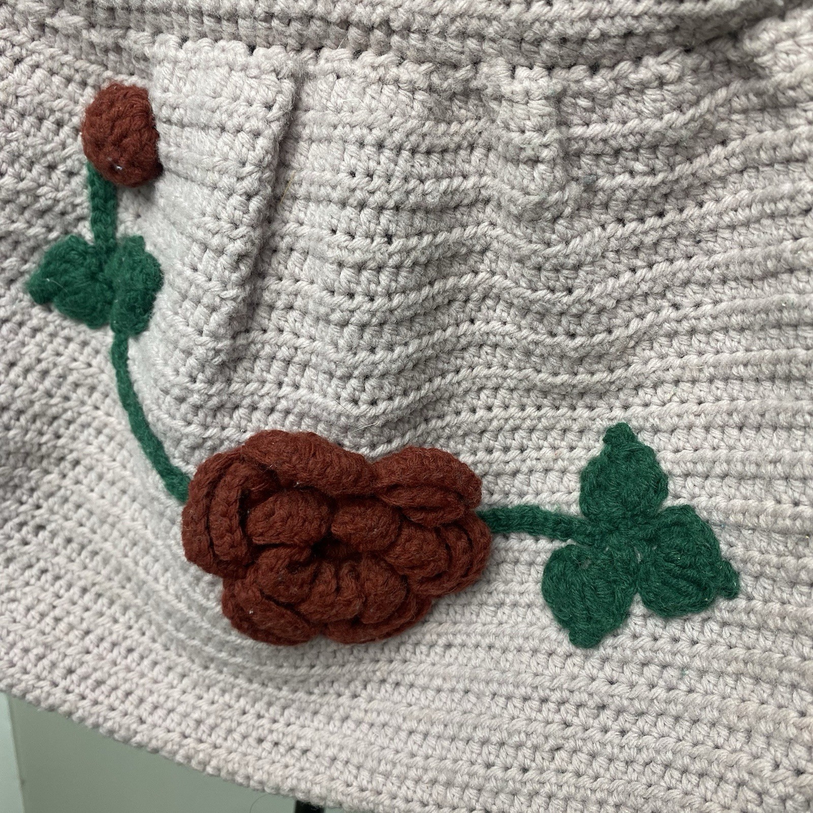 Vintage Handmade Pale Purple Crochet Bag w/ Floral Design 16”x12”