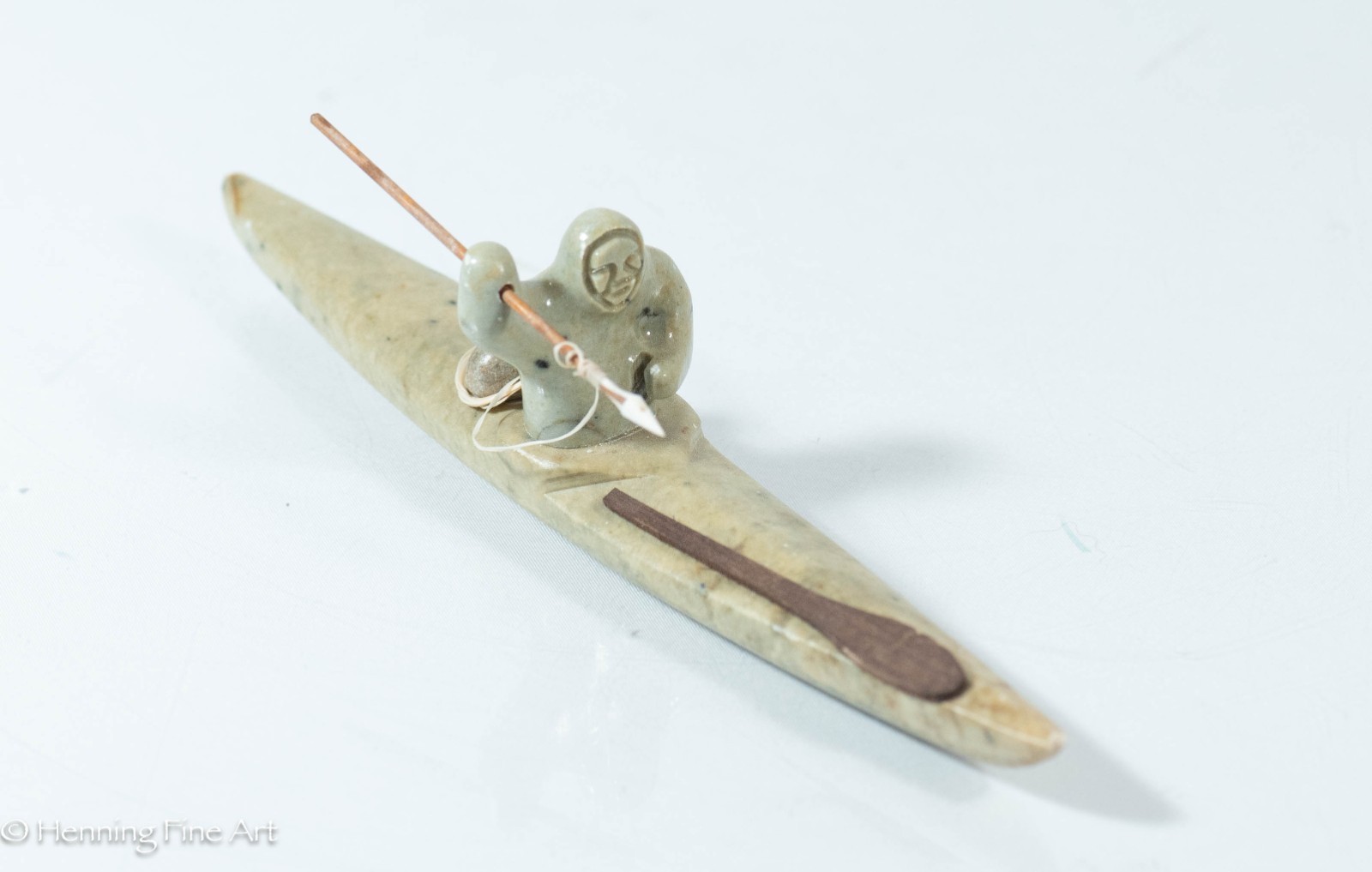 Beautiful Eskimo Carving of Spear Fisher in Kayak by Chuck Poupart, Lovely!