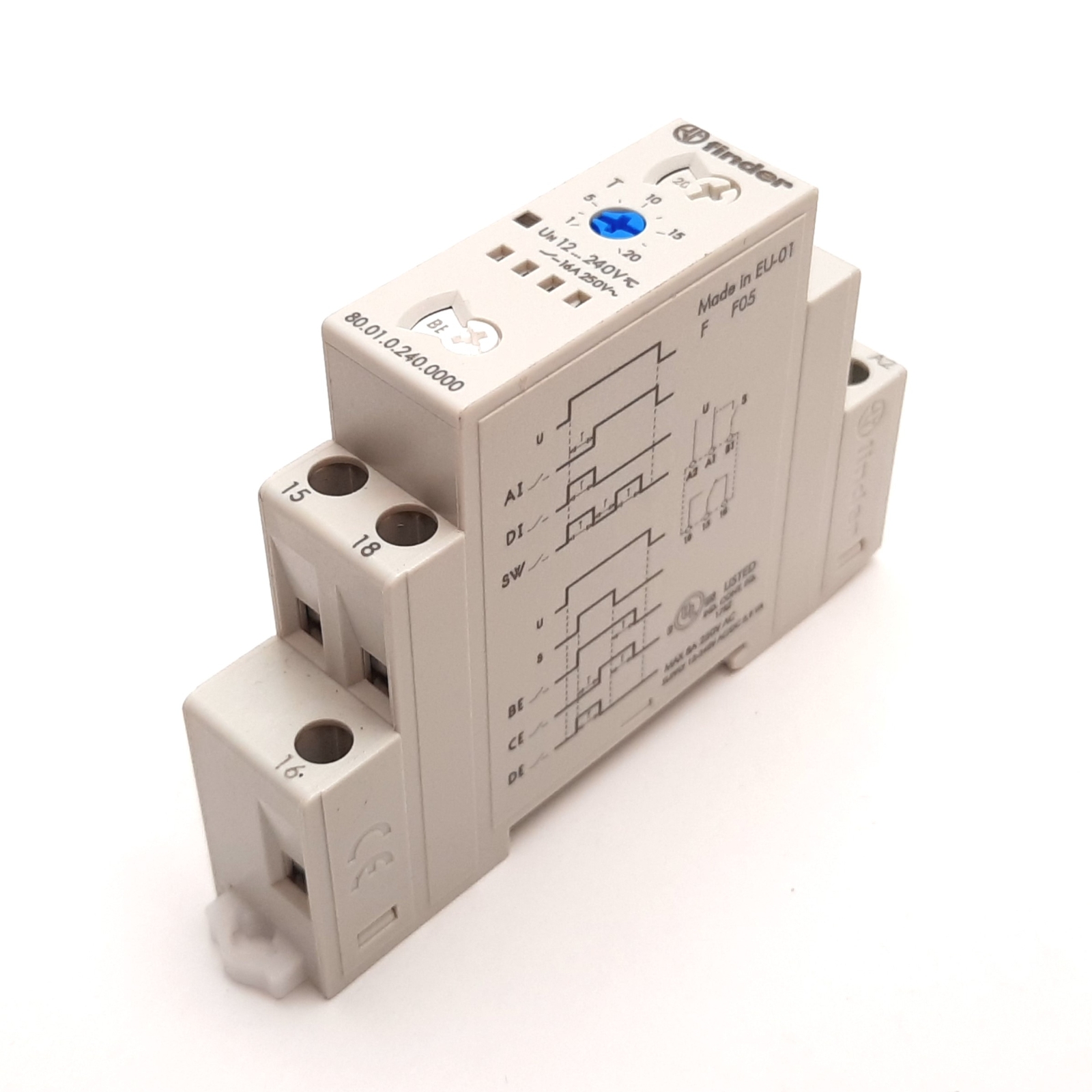 Finder 80.01.0.240.0000 Time Delay Relay, SPDT, 0.1sec to 24hrs, 12-240VAC/DC