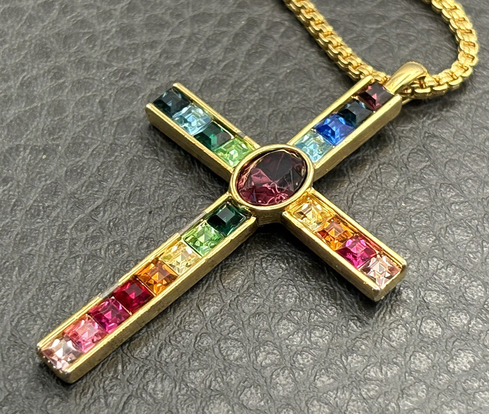 Nolan Miller Signed Gold Tone Chain Necklace PSCO 80s Rhinestone Crystal Cross