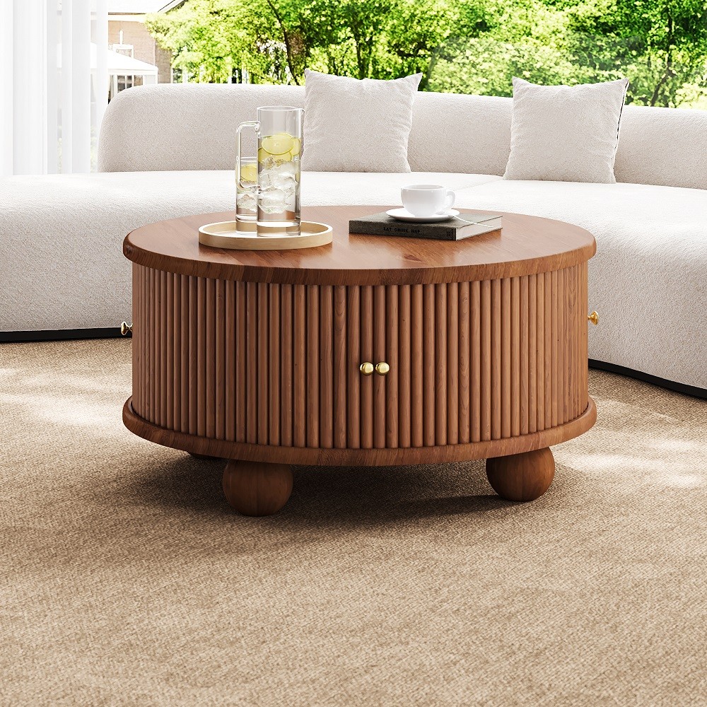 Round Fluted Coffee Table with Storage Pine Solid Wood Sliding Door Walnut Color