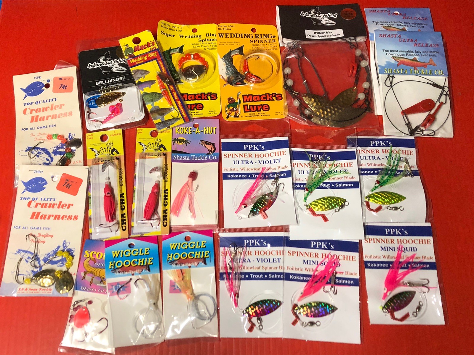 Fishing Tackle Lot. Hoochies, Mack’s Wedding Ring Spinners, Kokaneekid Release