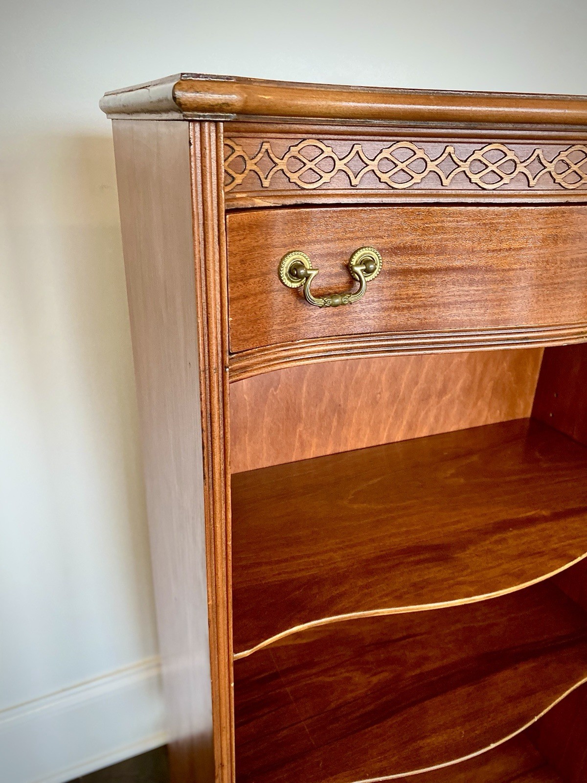 Wabash Antique Wooden Bookcase 3 Shelves Carved Details Brass Handles