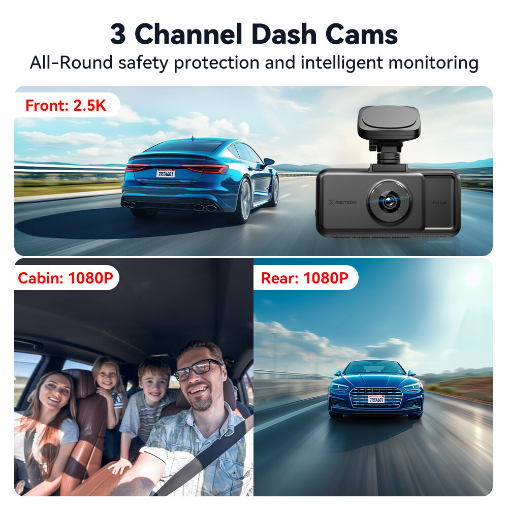 REDTIGER A6 3 Channel Dash Cam, 2.5K+1080P+1080P, 5.8GHz WiFi,3" Touch Screen