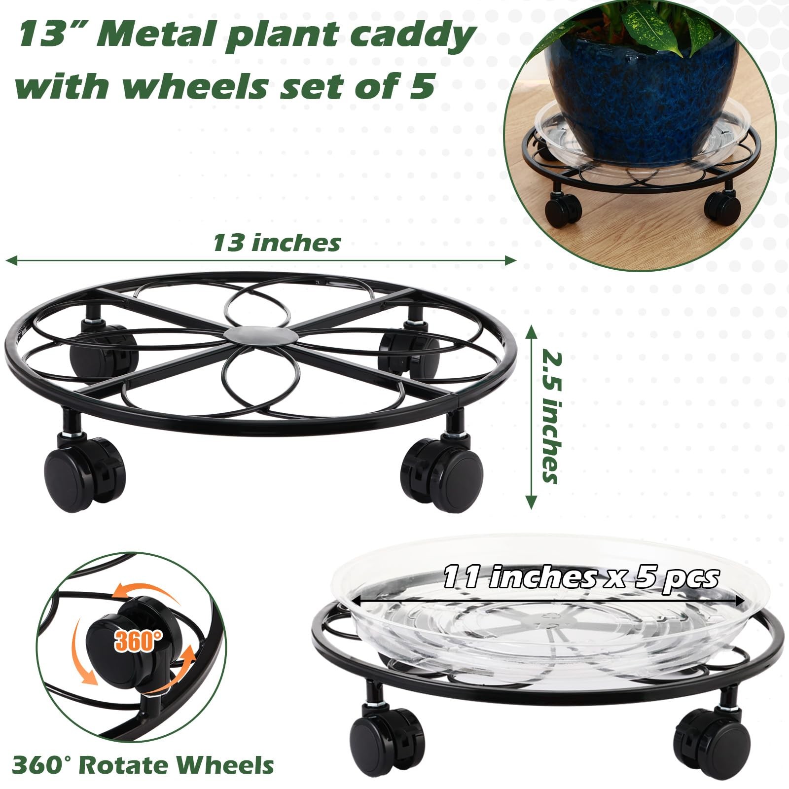 5 Packs 13.5 inches Metal Heart Plant Caddy with Wheels Large Rolling Plant S...