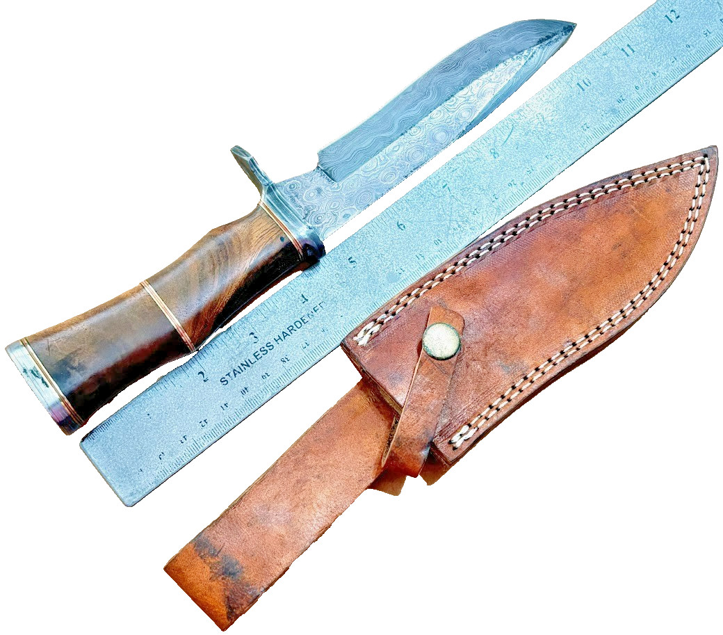 Damascus Blade 11" Bowie Knife with Leather Sheath Wood Handle Knives
