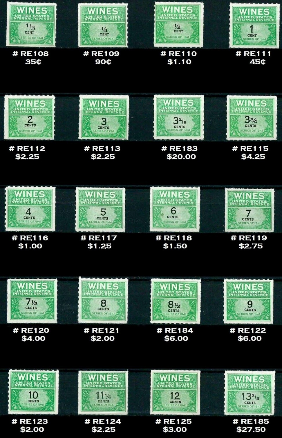 US #RE108/RE203 MNH 1942-1954 Wine Tax Internal Revenue Collection