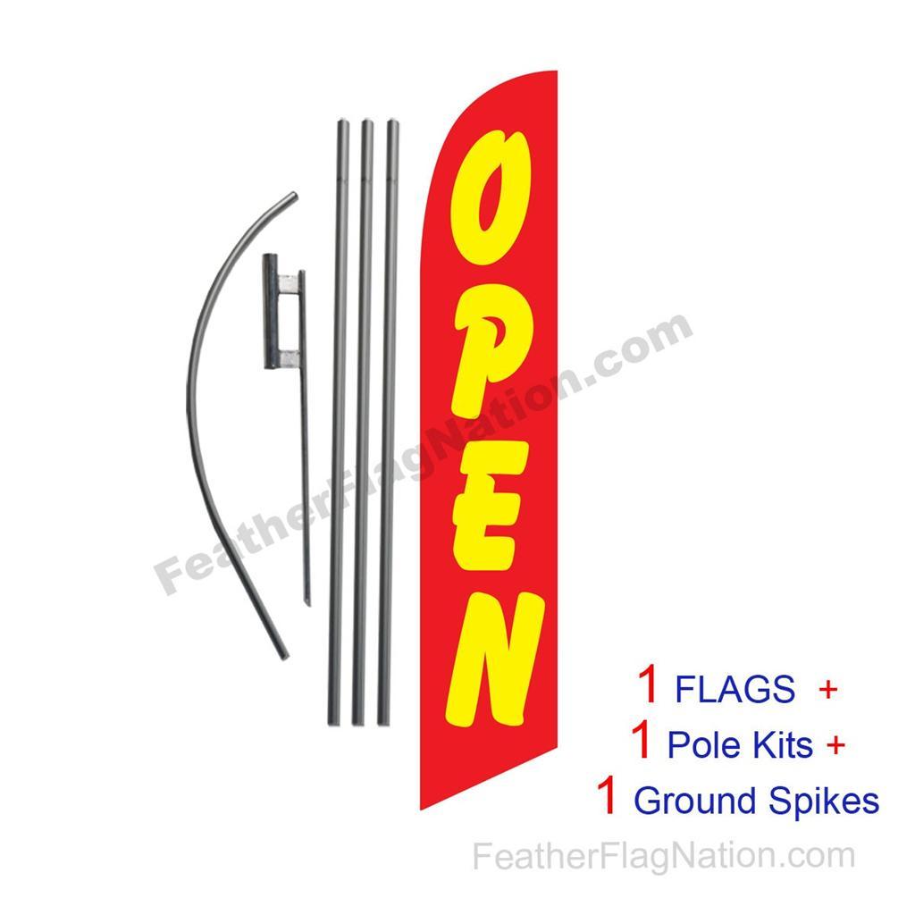 OPEN (red & yellow) 15' Feather Banner Swooper Flag Kit with pole+spike