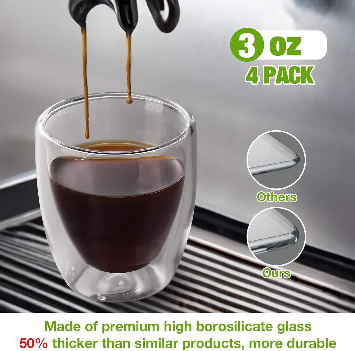 Double Walled Espresso Cups Set of 4 (50% Thicker), 3 Ounce Clear Expresso Coffe
