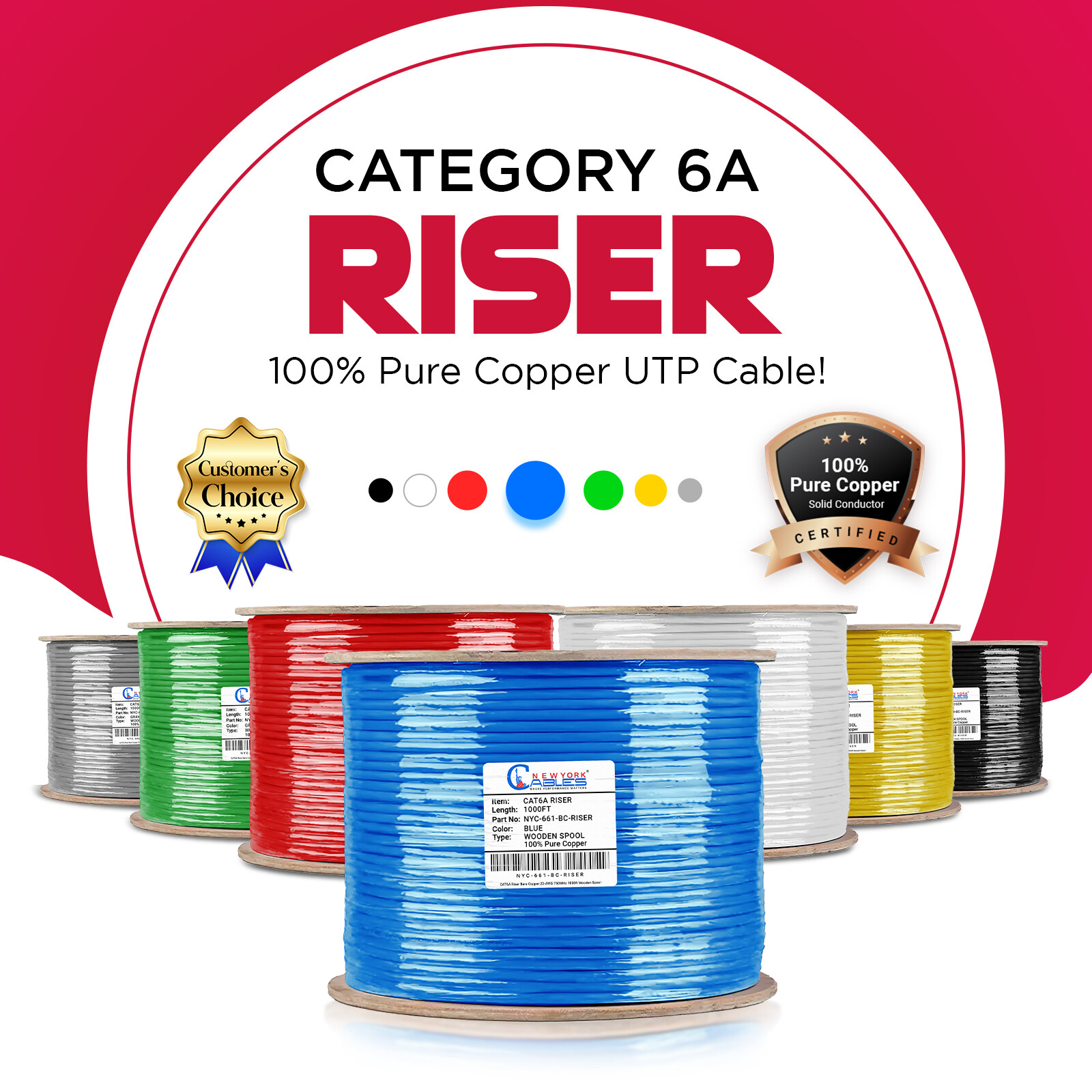 CAT6A Riser 1000ft Ethernet Cable Solid Bare Copper CMR 750Mhz UTP Bulk Blue