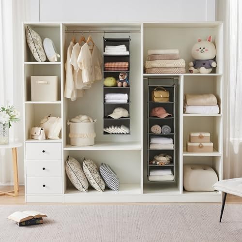 6-Tier Hanging Closet Organizer Shelf with 2 Hooks, Foldable Storage Solution -