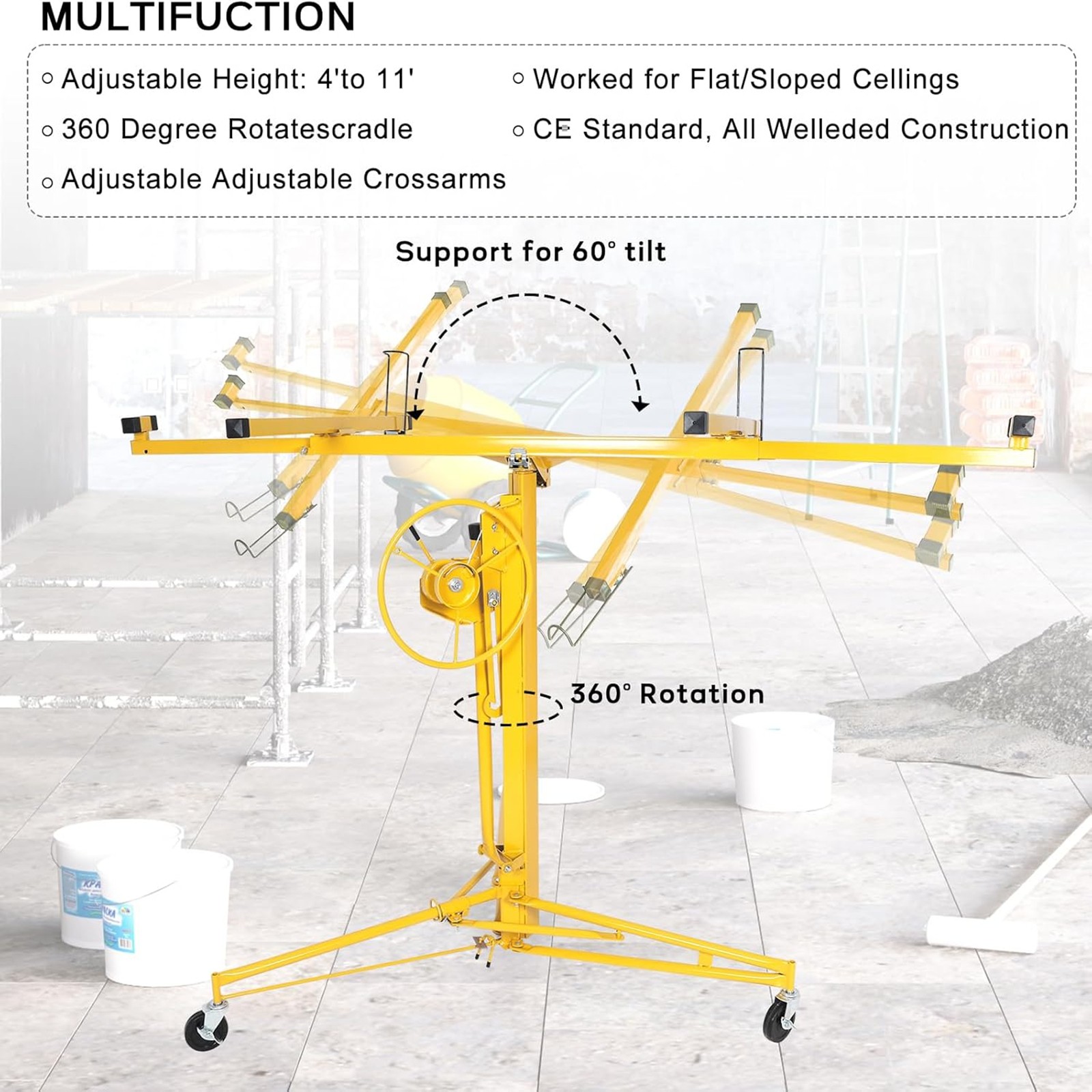 11FT 150lbs Drywall Lift Panel Hoist Plasterboard Sheetrock Jack Lift Rolling