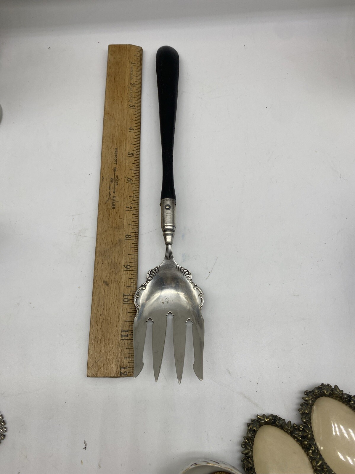 Antique Large Victorian Ornate Silver Serving Fork Wooden Handle 12"