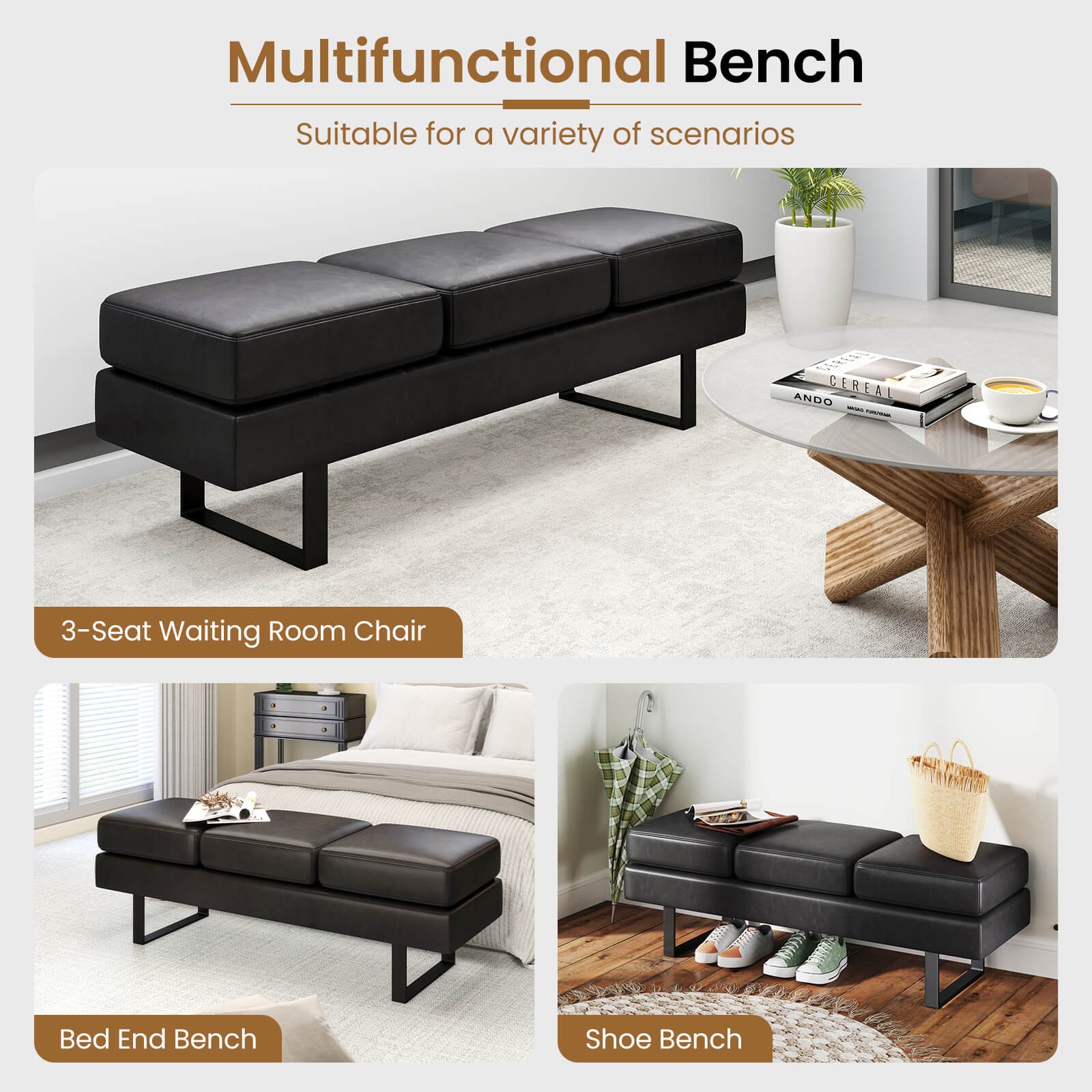 Waiting Room Bench Seating w/ Metal Frame Leg Upholstered Reception Bench