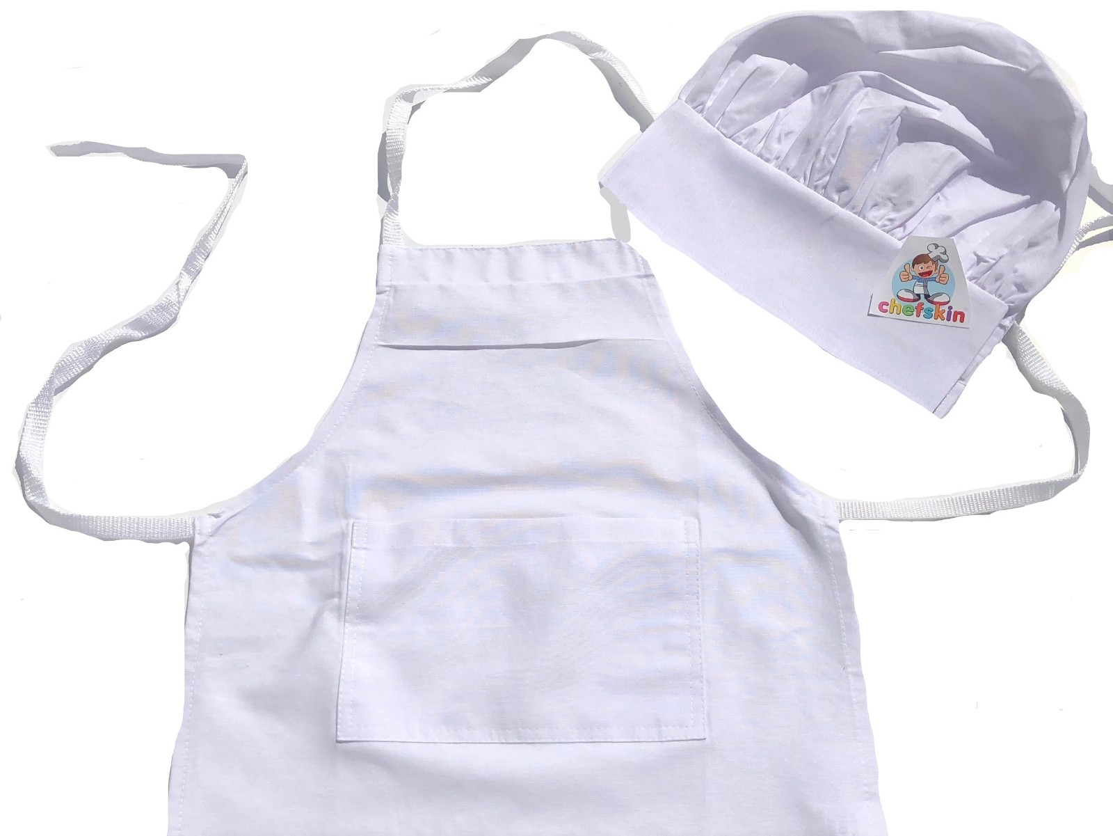 CHEFSKIN Children Small Chef Apron Hat Set White for Ages 3-8