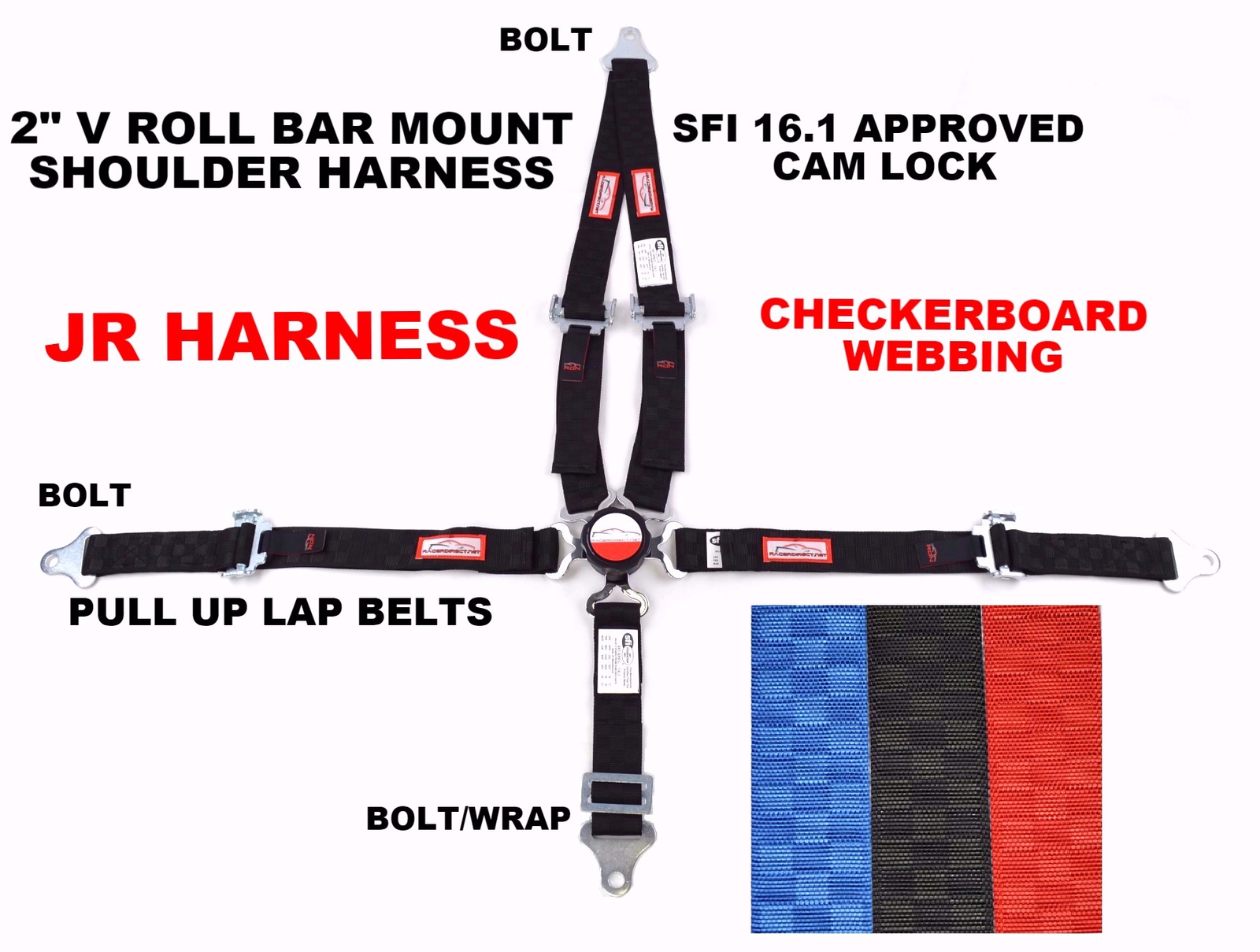 QUARTER MIDGET RACE HARNESS CAM LOCK 2" SFI 16.1 PULL UP BLACK CHECKERBOARD