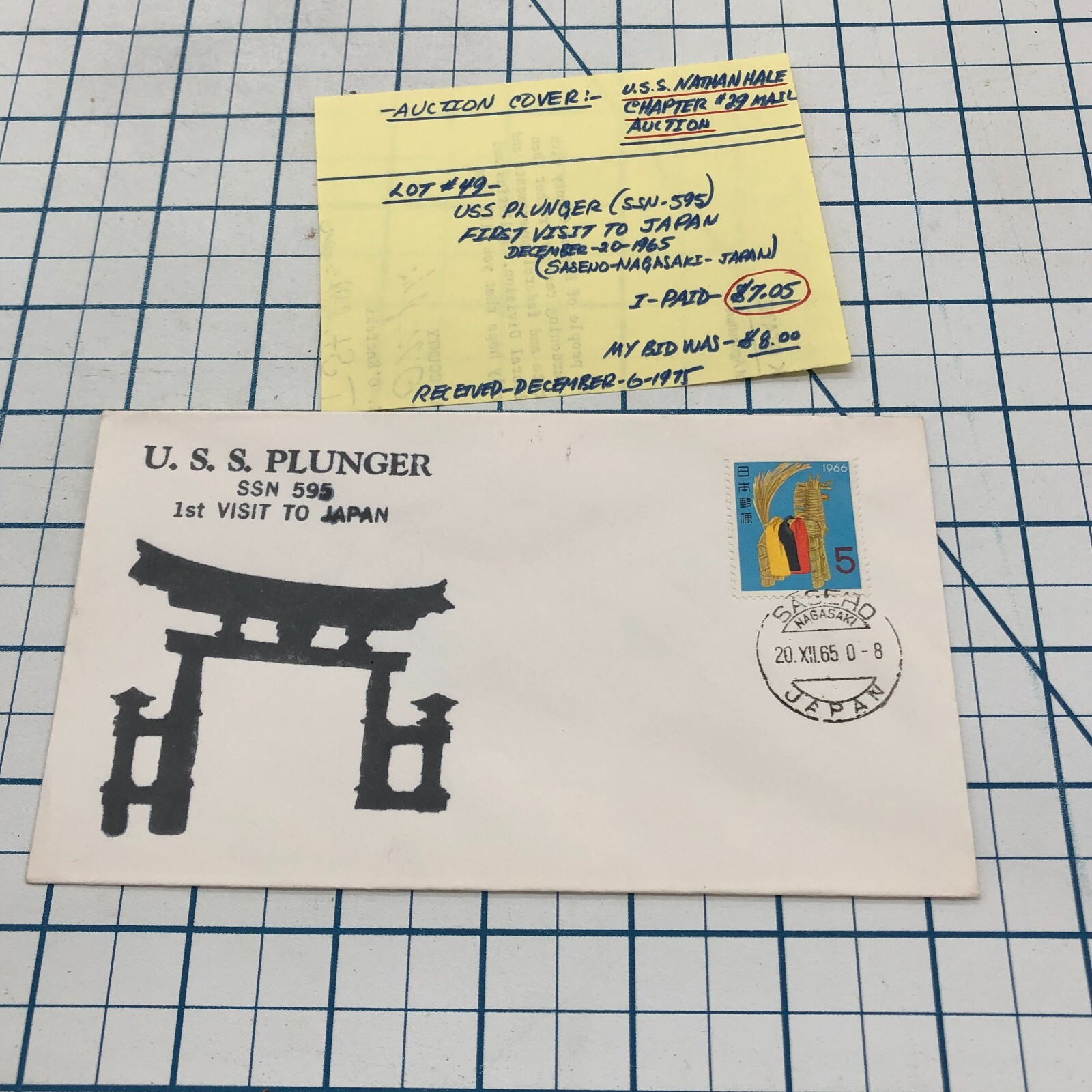 Vintage FDC Cover Cachet Postage Stamp Envelope 1965 JAPAN USS PLUNGER SSN 595