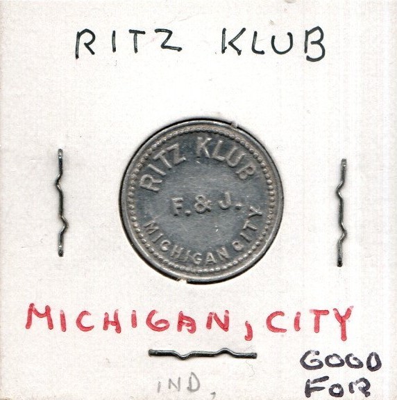 MICHIGAN CITY IOWA - RITZ KLUB F & J - GOOD FOR 5 CENTS - TRADE TOKEN