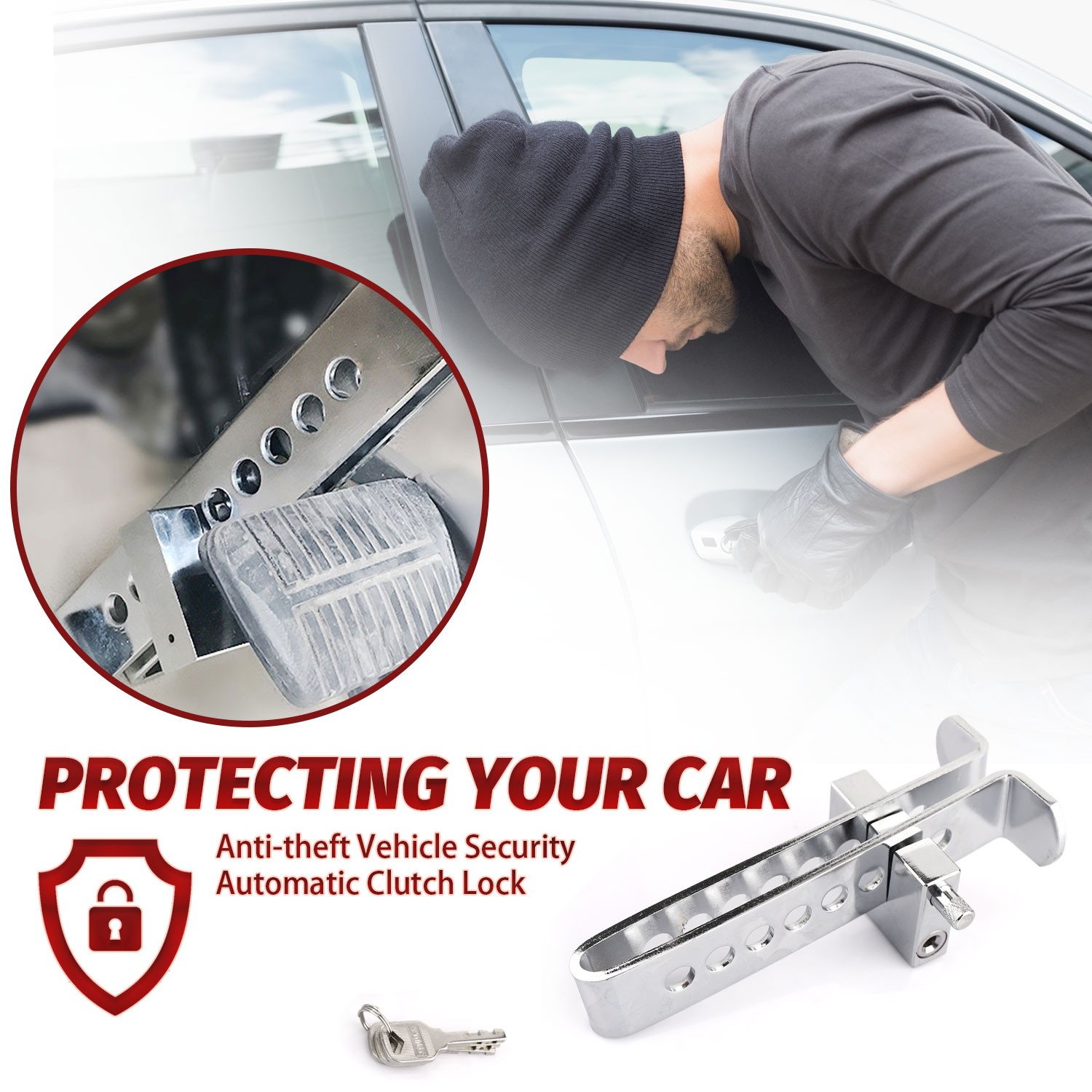 Stainless Steel Brake Pedal Lock Security Car Auto Clutch Lock Anti-theft W/3Key