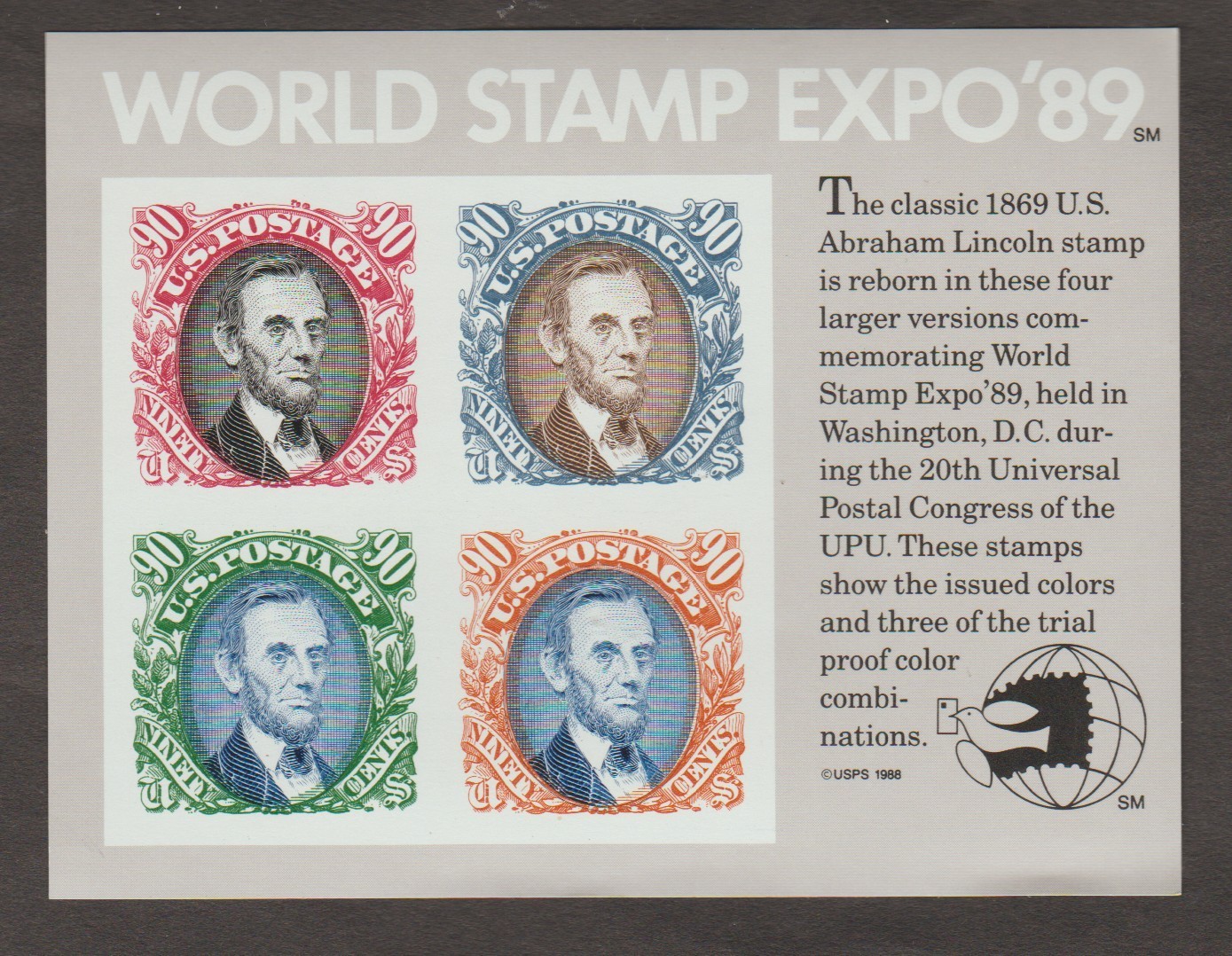 1989 US 2433 WORLD STAMP EXPO 3.60 SHEET OF 4 MNH