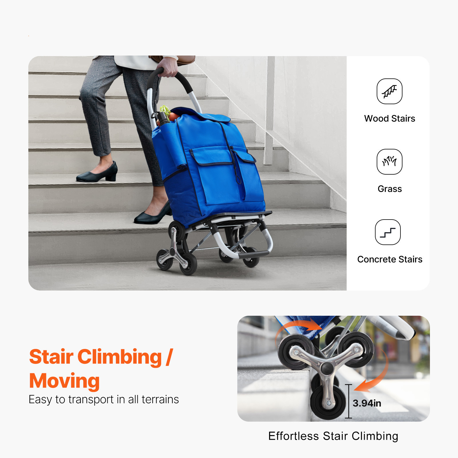 Stair Climbing Cart Foldable Shopping Cart 36L with 6 Wheels Storage Bag