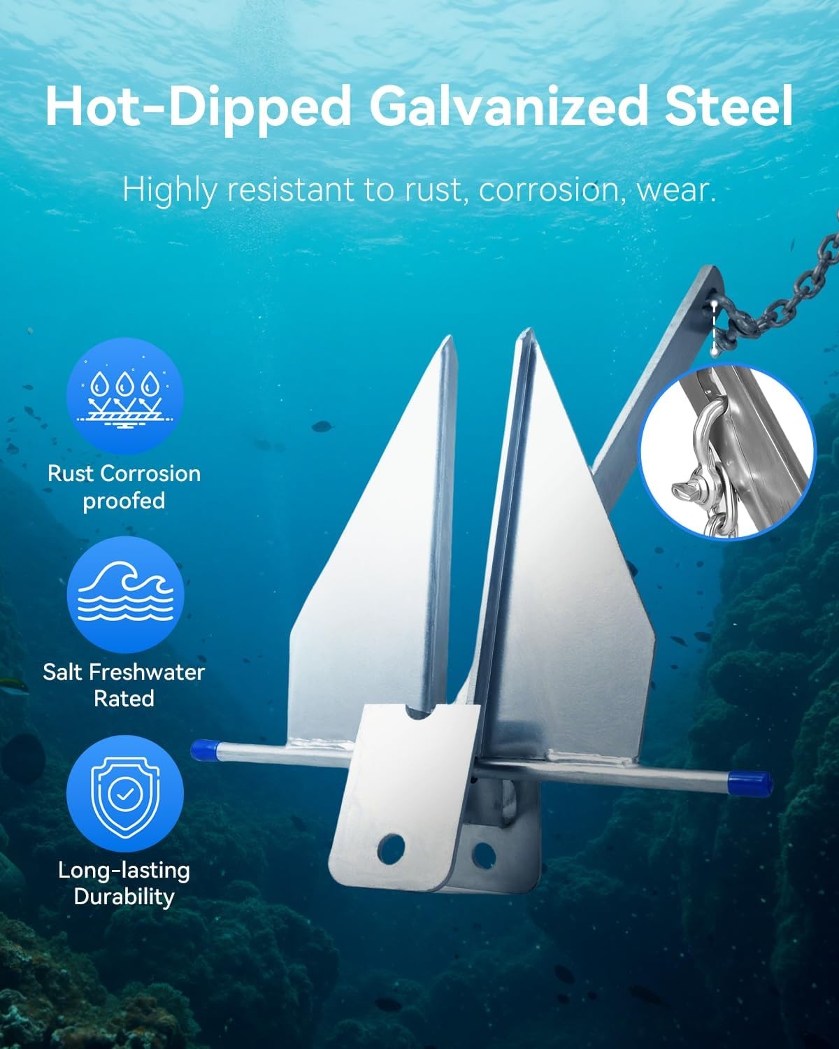 13 lb Galv Fluke Anchor Kit 100ft Rope 6.5ft Chain 2 Shackles for 20-32ft Boats