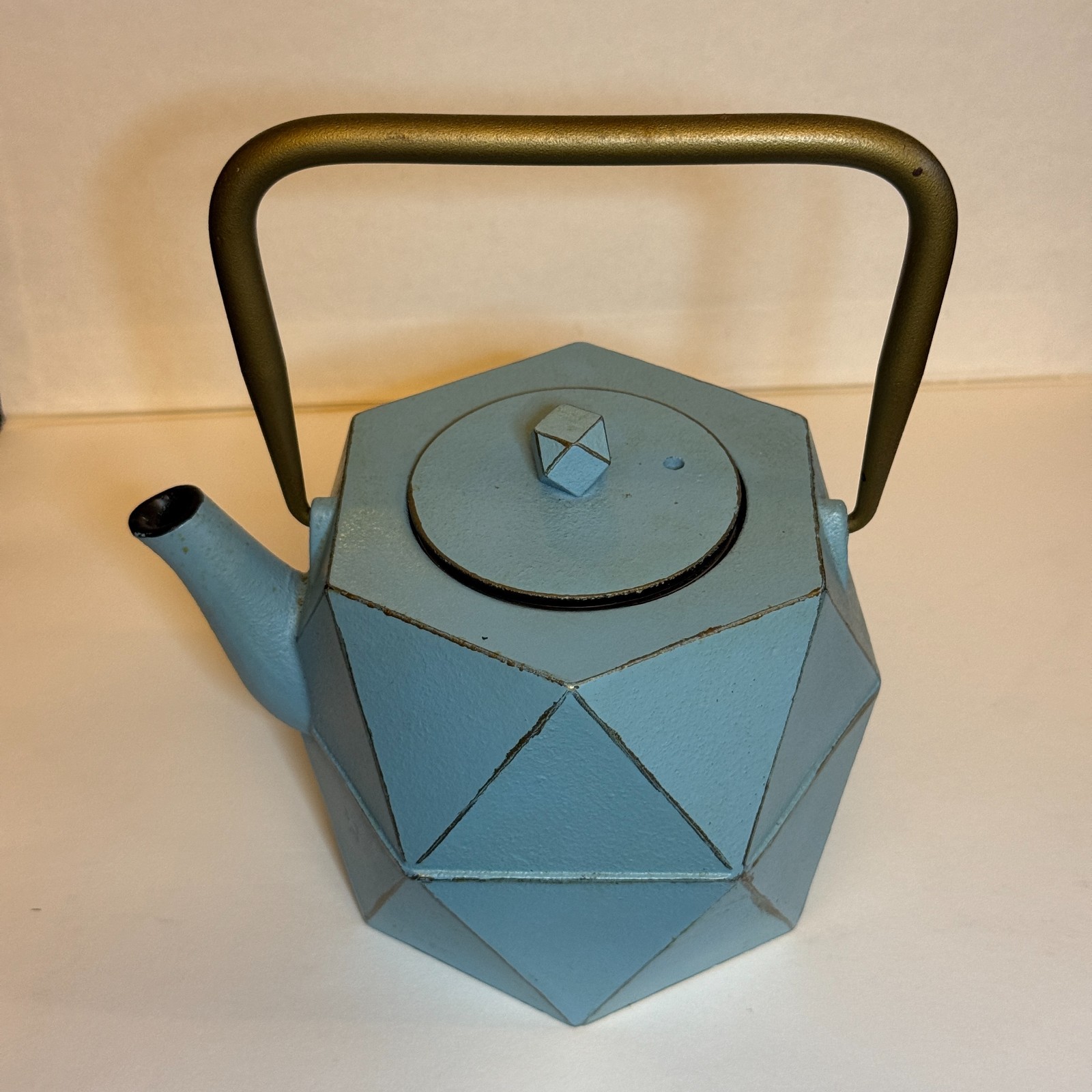 Japanese Tetsubin Cast Iron Blue Diamond Geometric Tea Kettle Stovetop w Infuser