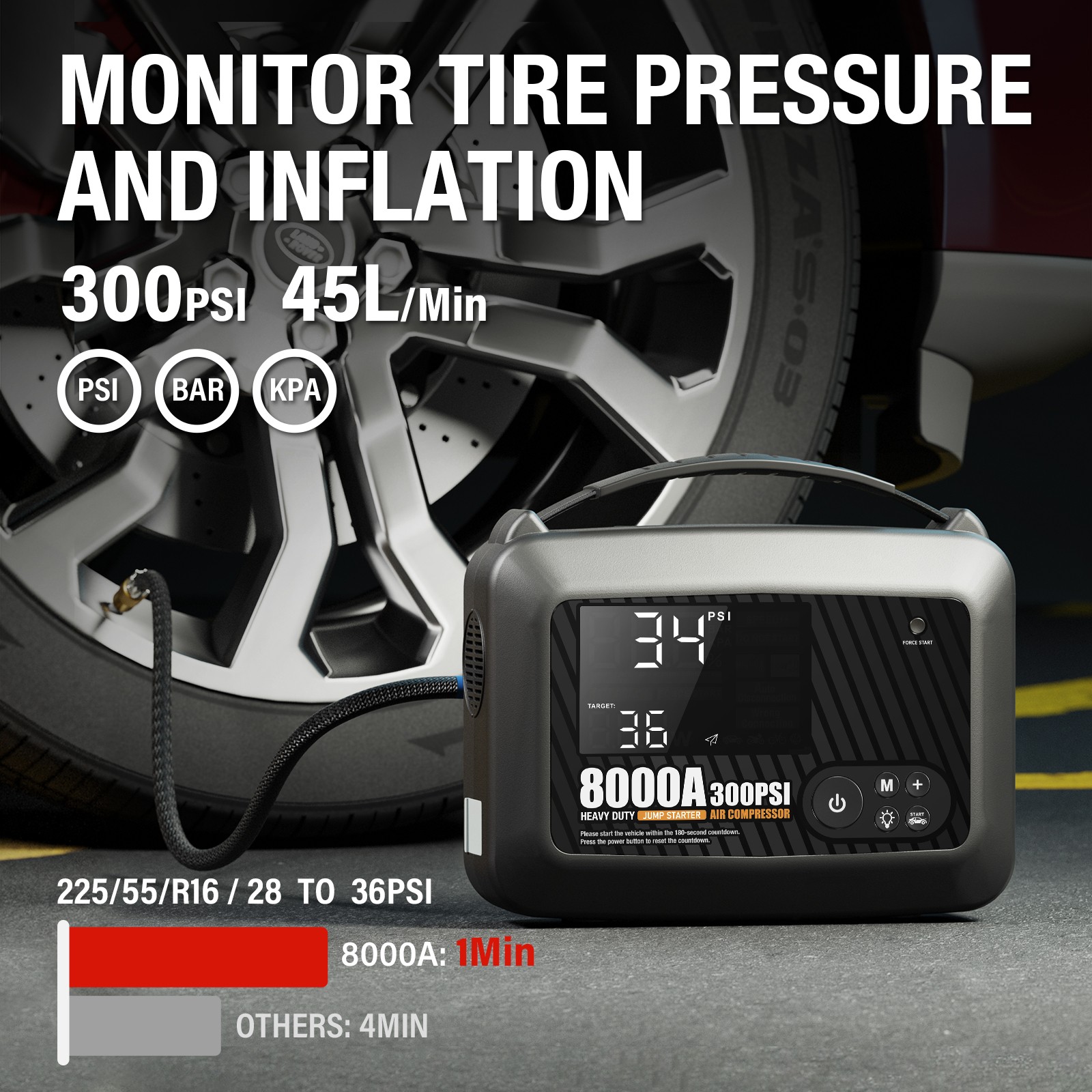 Truck Heavy Duty 8000A Jump Starter with Air Compressor Power Bank Battery Safe