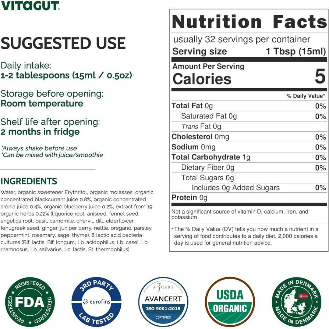 ✨ VITAGUT Liquid Probiotic Prebiotic Postbiotic 50Billion CFU 19Herbs Organic Gu