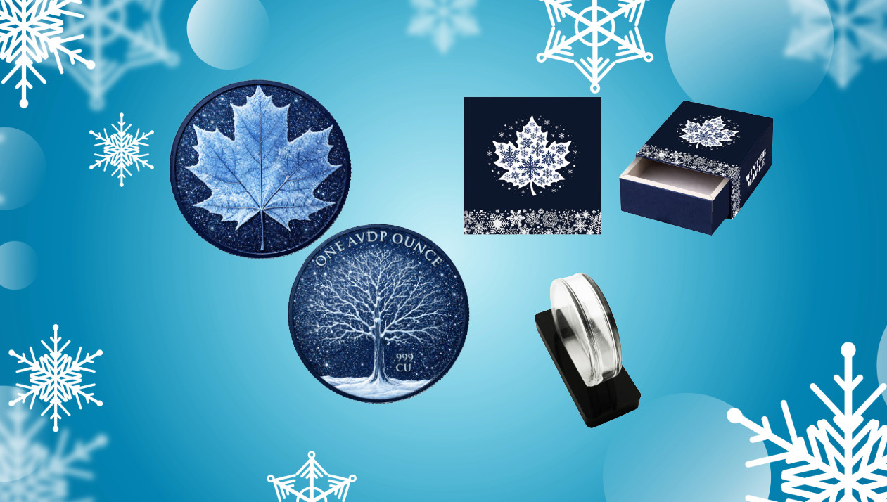 2026 Winter Maple 1 oz Colorized Dual Sided Diamond Dust 999 Copper Round in Box