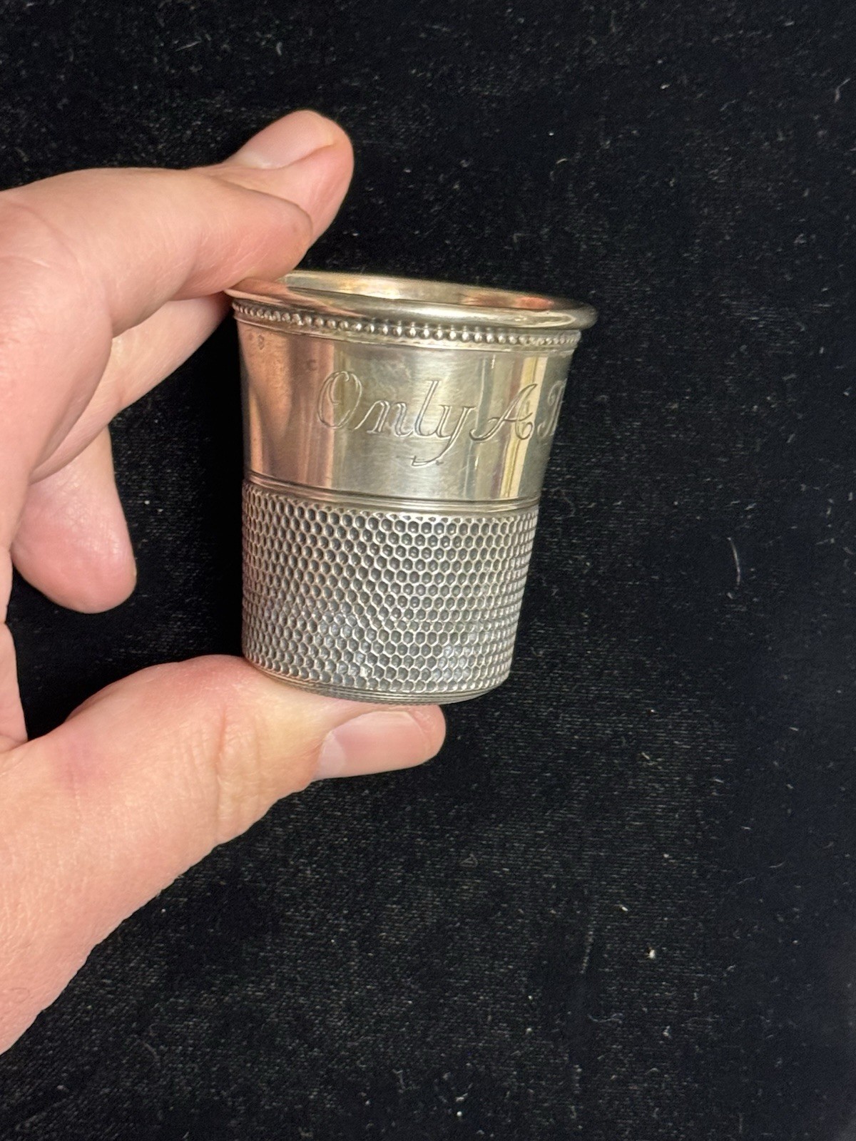 Antique Sterling "Only A Thimble Full" Shot Glass By Charles Thomae