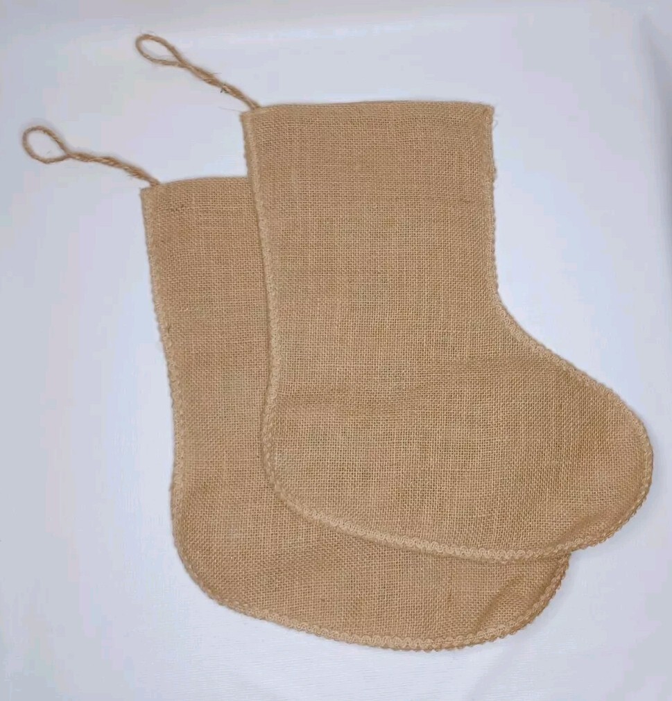 Burlap Christmas Tree Stocking Set Of Two Stockings Glitter Holly Berries Leaves