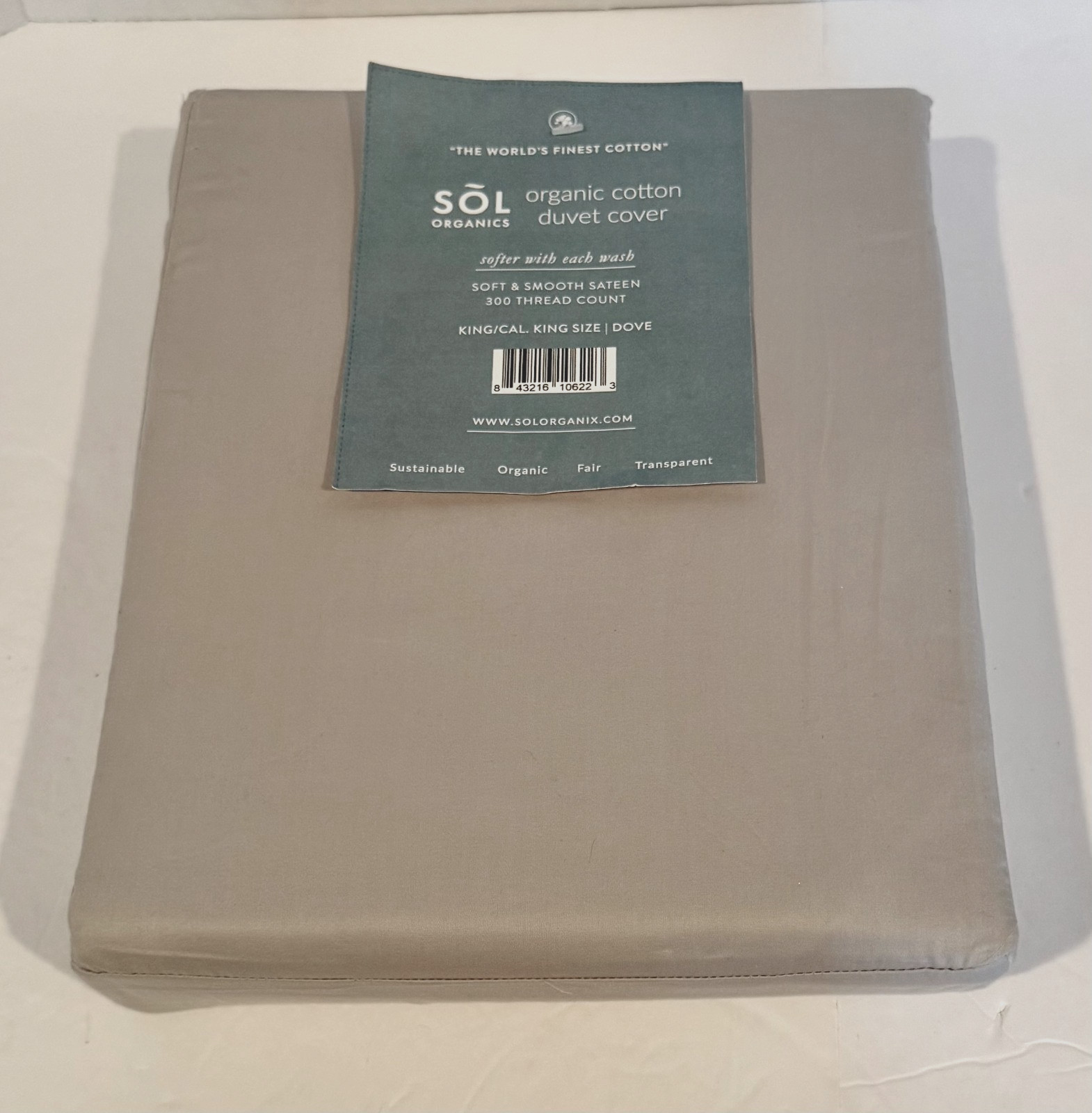 Sol Organics Dove Gray Sateen Cotton Duvet Cover - King / Cal King - New