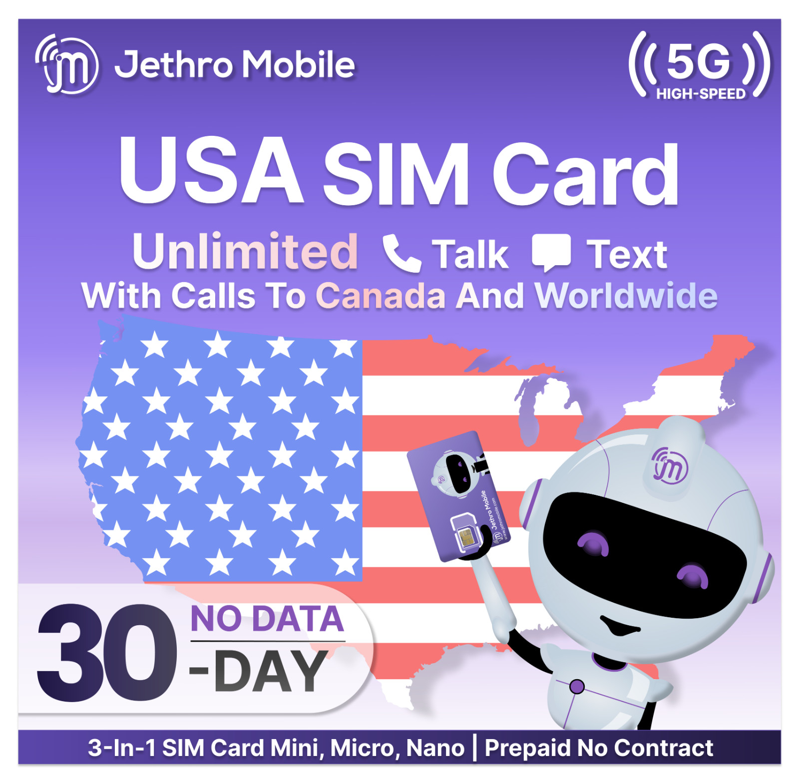 Prepaid SIM Card – Jethro Mobile 1-Month Plan, Unlimited Talk & Text No Contract