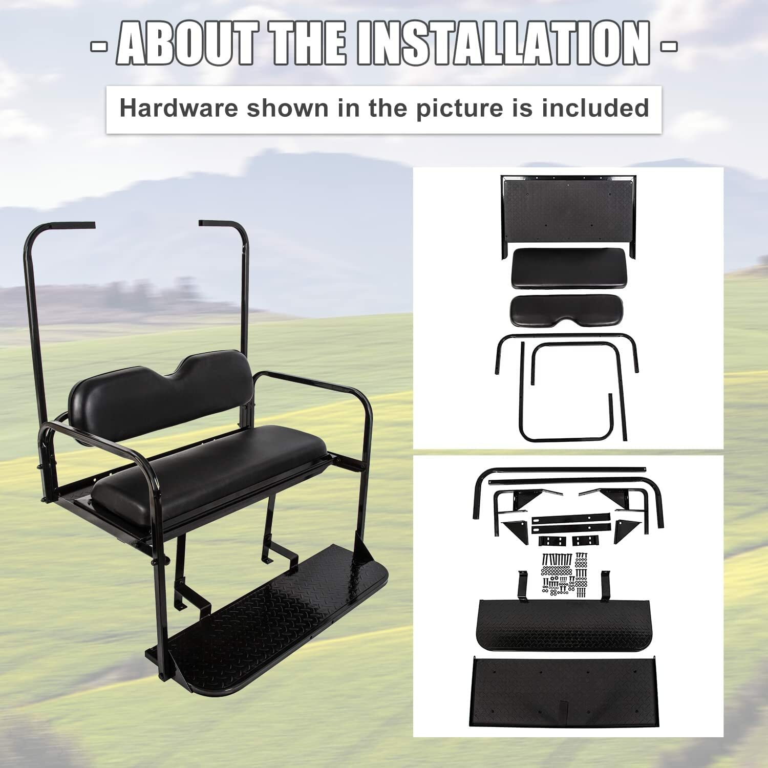 For EZGO TXT Golf Cart Flip Folding Rear Back Seat with Roof Support Kit - Black