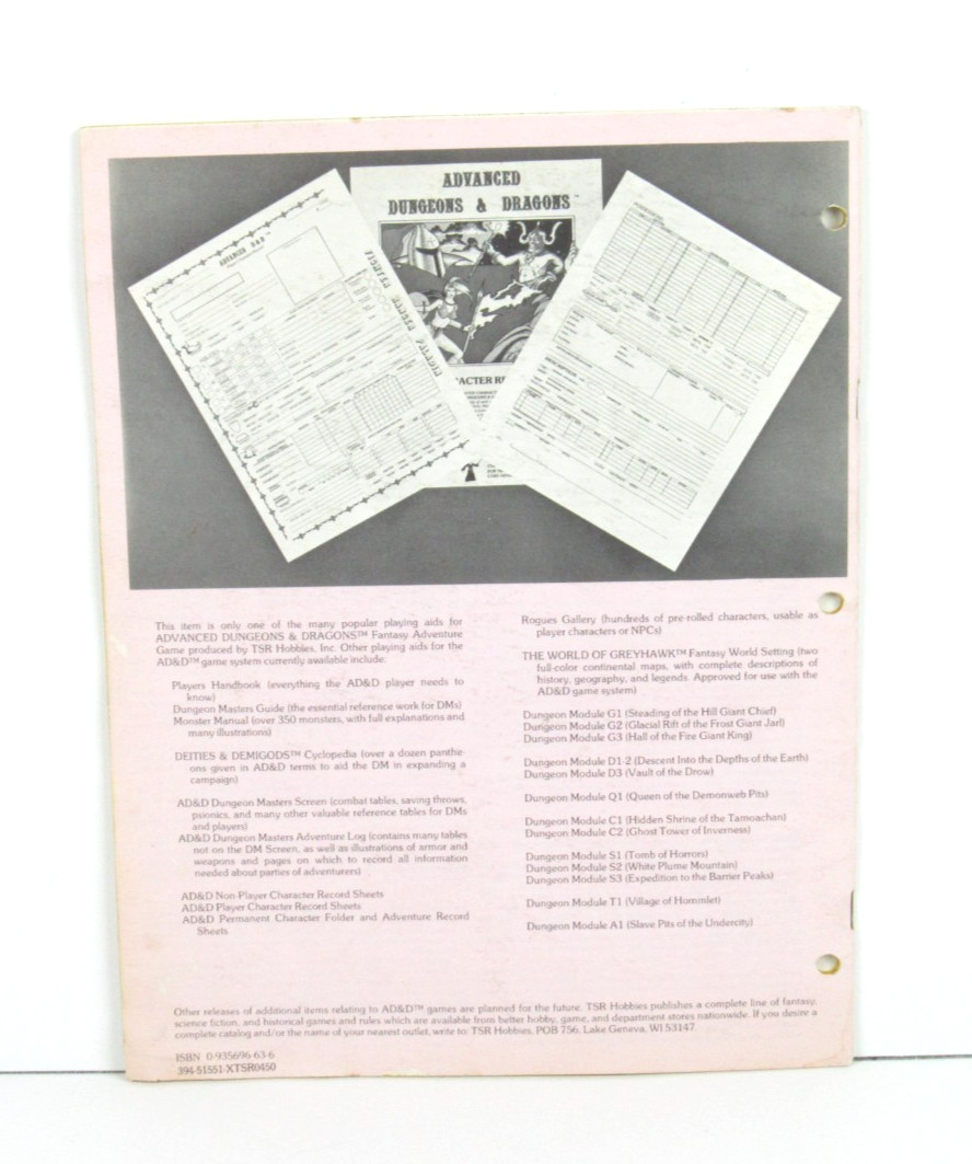 Dungeons Dragons TSR9028 Player Character Record Sheets 2nd Print 1981 Original