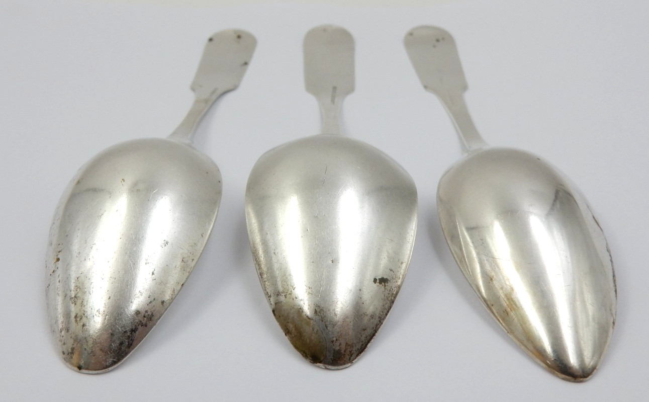 ANTIQUE SET OF THREE .900 COIN SILVER TEASPOONS W/MONO - 44.4 GRAMS TOTAL SCRAP