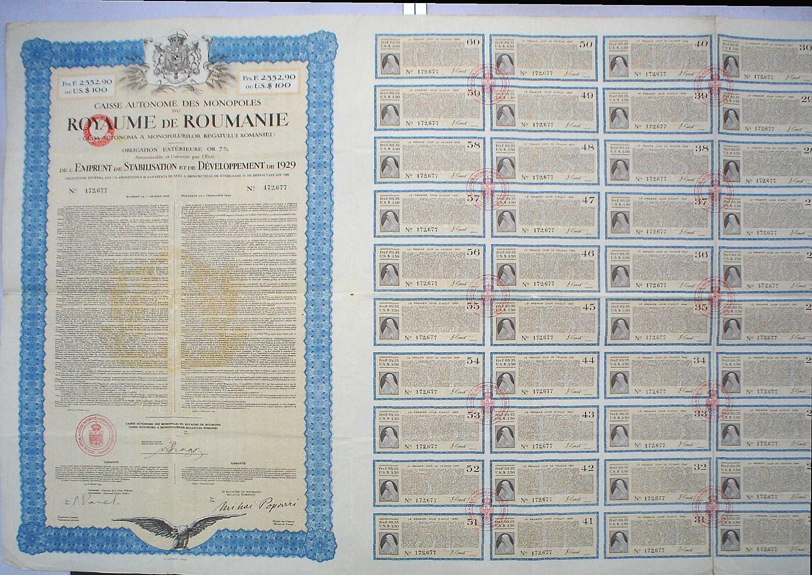 Kingdom of Romania 100 US$ Monopolies Inst. Gold Bond to Bearer  uncanc. coupons