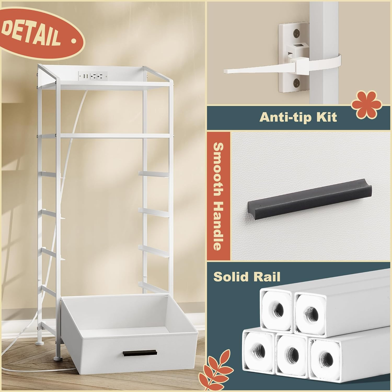 Nightstand 5 Drawer Dresser with LED Lights and Charging Station, Vertical Side