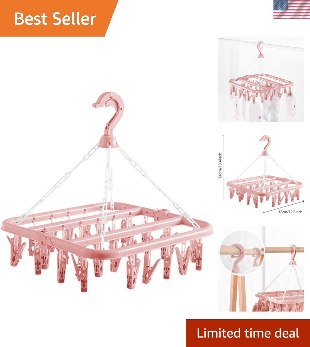 32-Clip Light Pink Clothes Drying Rack - Adjustable Hooks & Collapsible Design