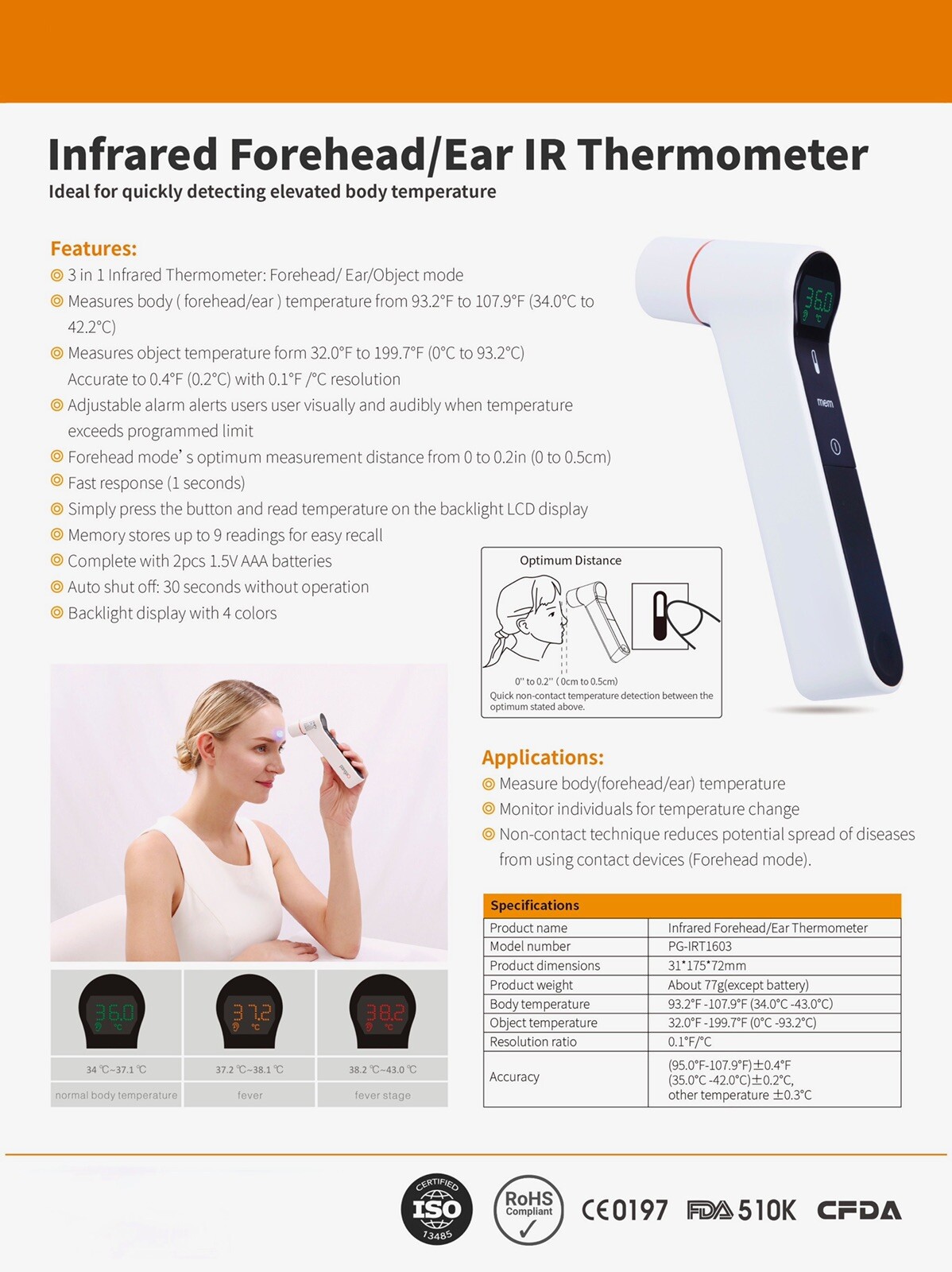 Infrared Non-Contact Forehead Thermometer FDA CE Medical Grade Babies Adult