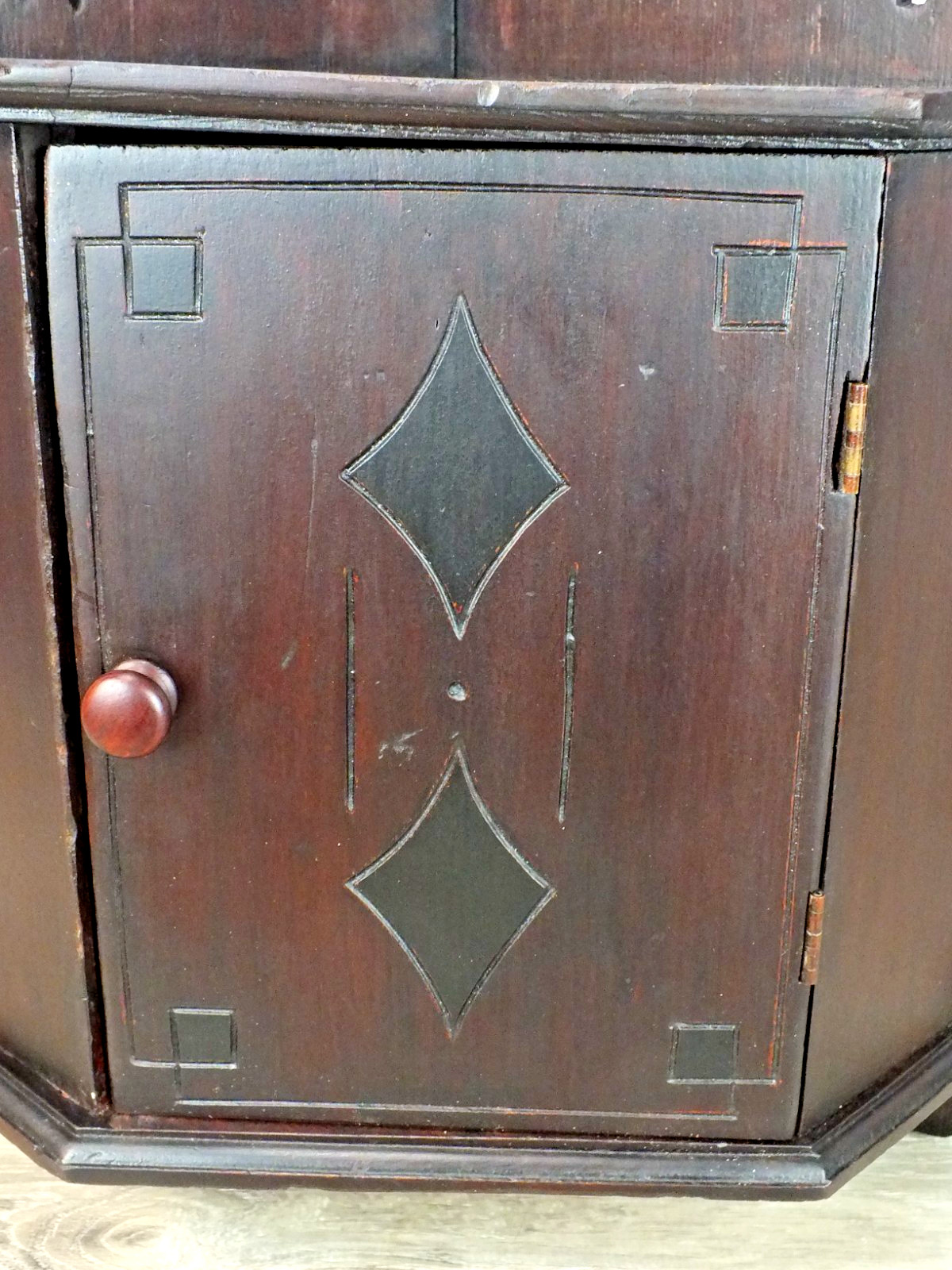 1800s Antique Wall Hung Corner Cabinet Dark Red Brown Finish w Black Highlights