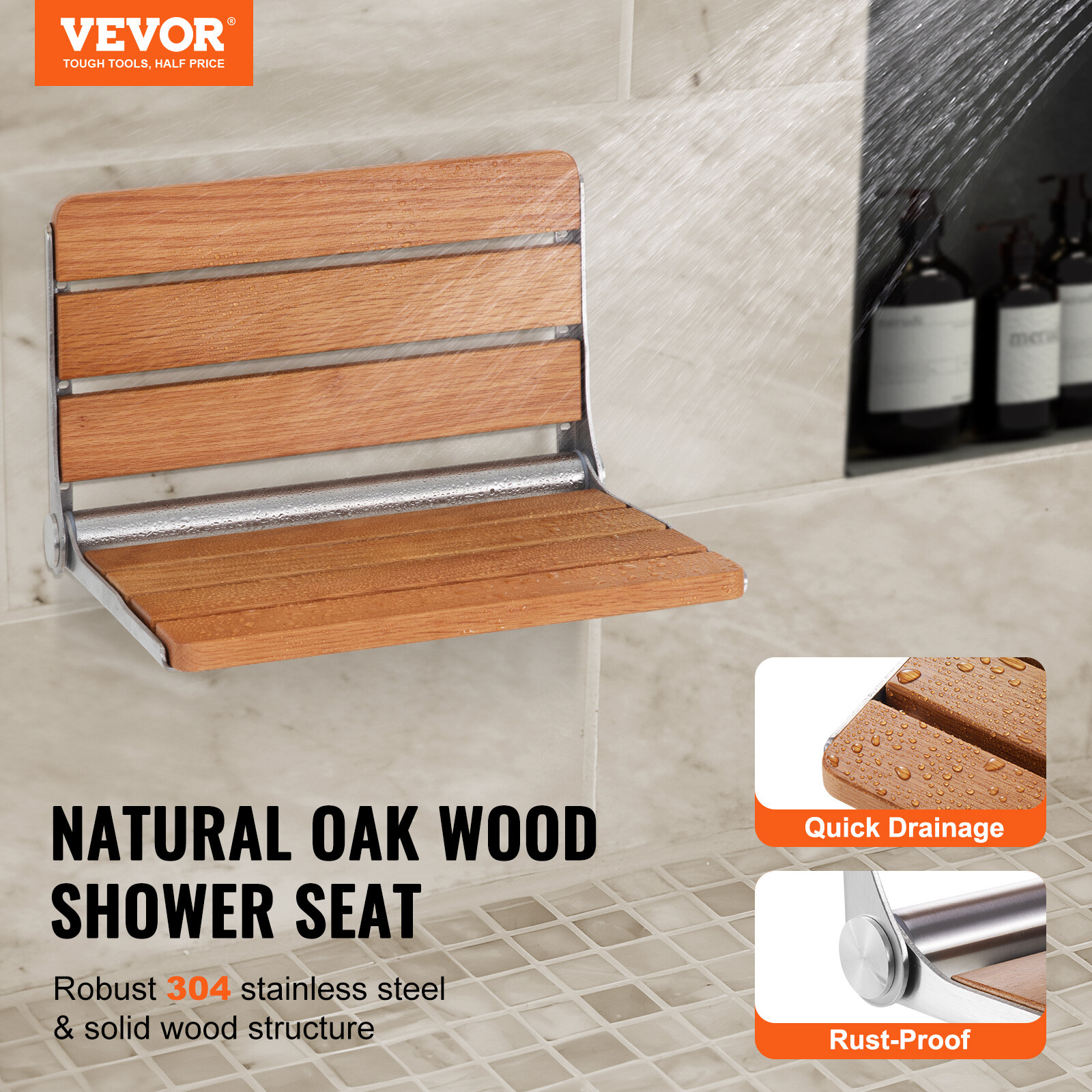 VEVOR 16" Folding Oak Shower Seat Wall Mounted Shower Bench 440lbs Rust-proof