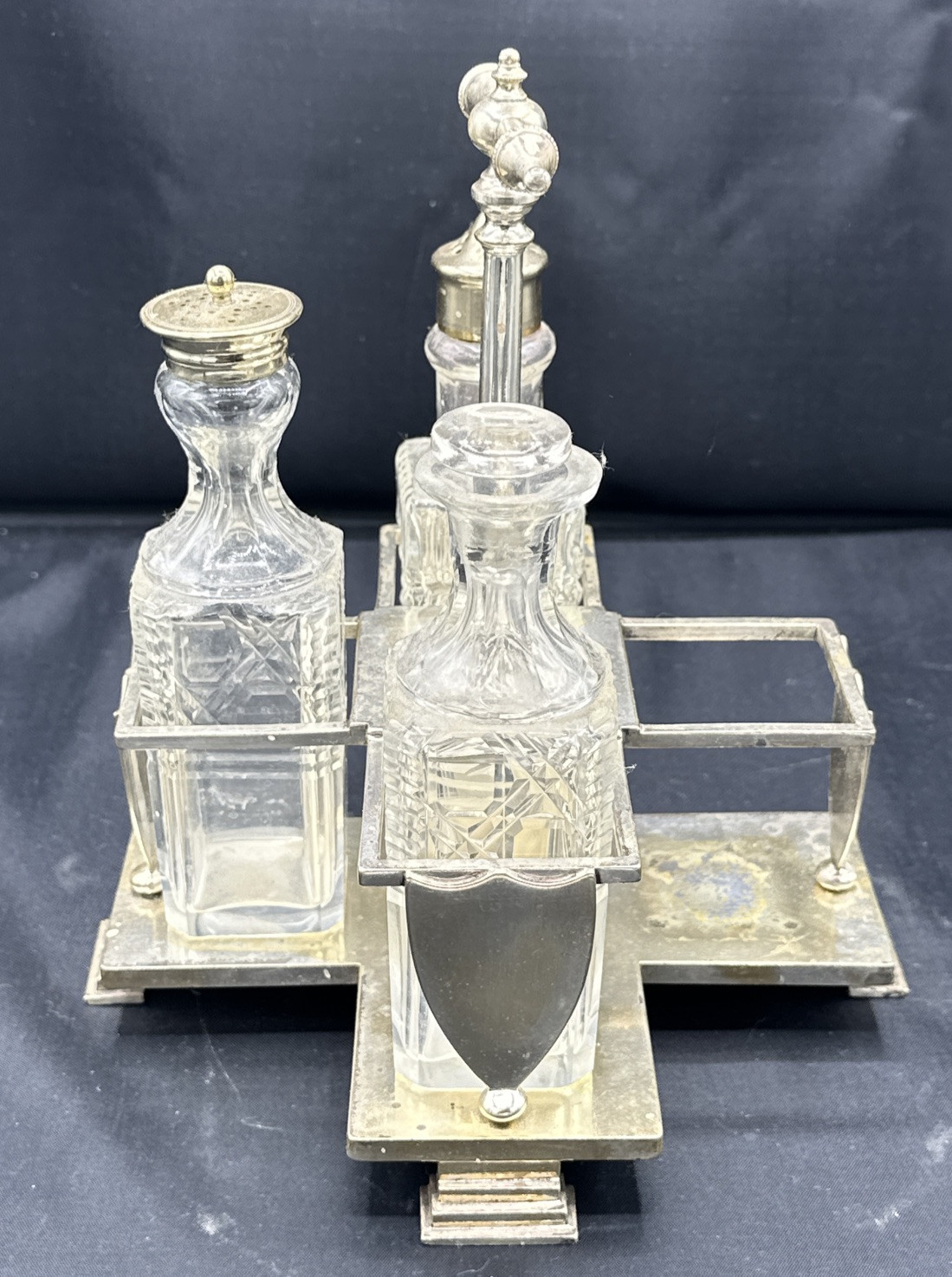 Footed 19th century silverplated cruet (maybe) Charles Ellis & Co w/ 3 Bottles