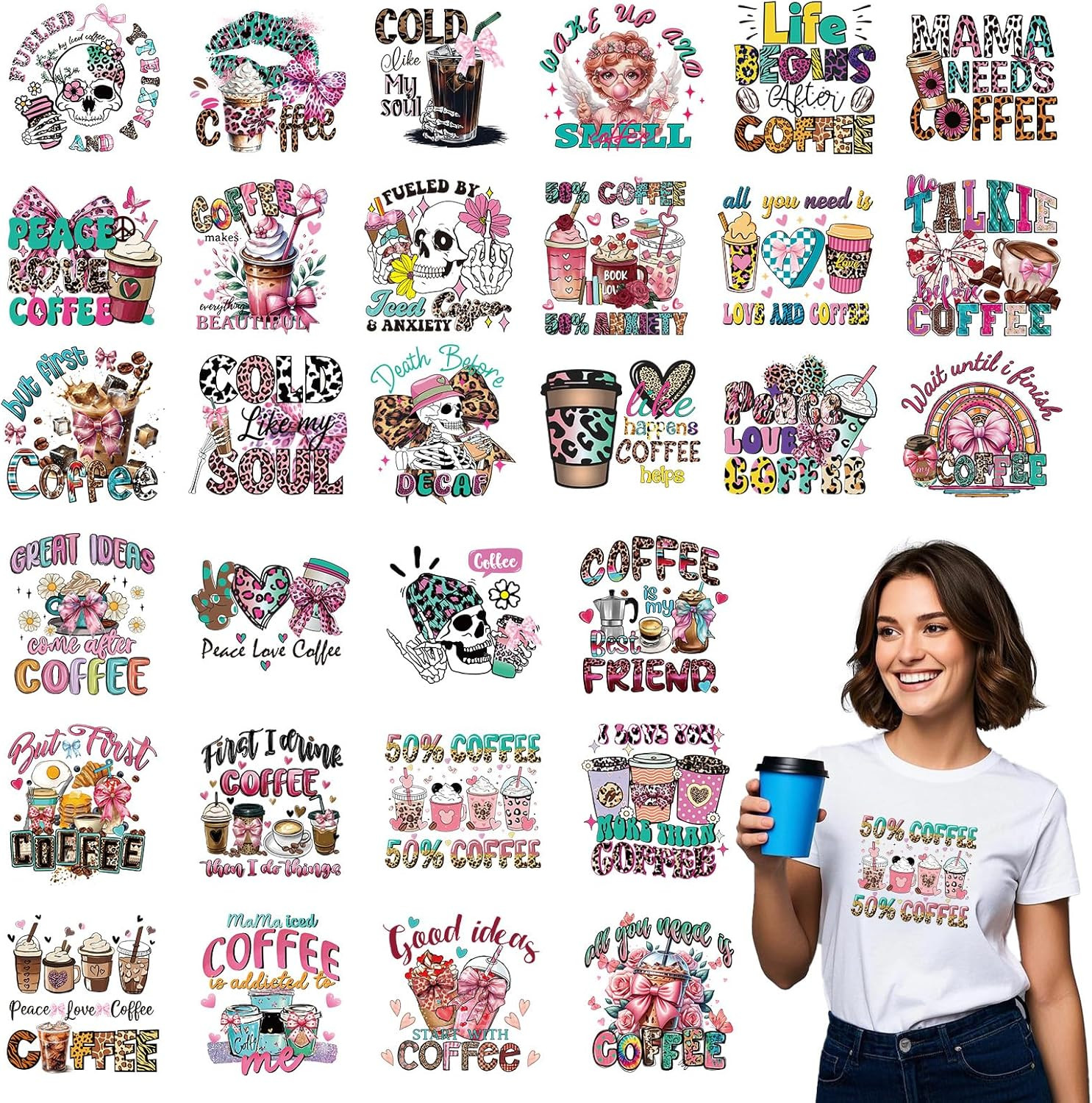 Dtf Transfers Ready to Press - 30Pcs Coffee Iron on Transfers for Tshirts, Coffe